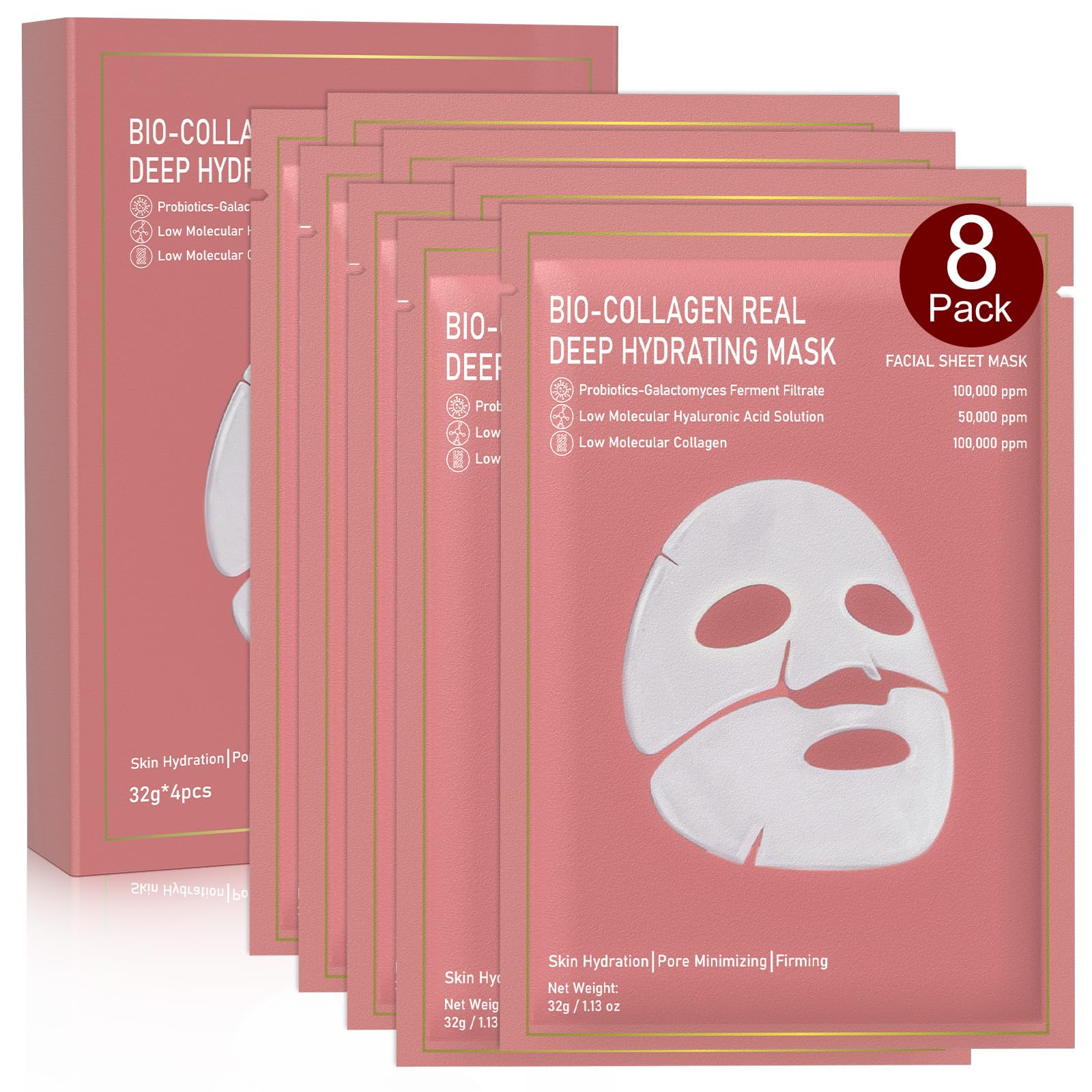 Nityrliv Bio-Collagen Real Deep Mask, 8 Pack Overnight Hydrating Face Mask for All Skin Types,Original Hydrating Collagen Face Mask
