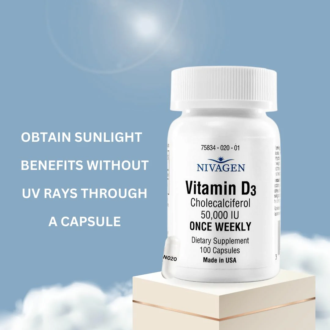 Nivagen Vitamin D3 50,000 IU (1250 mcg) | Once Weekly Dose | 100 Capsules (100 Weeks, Approx. 2 Years Supply) | Easy to Swallow | Bone, Muscle & Immune Support | Non-GMO, Gluten Free | Made in USA - Image 6