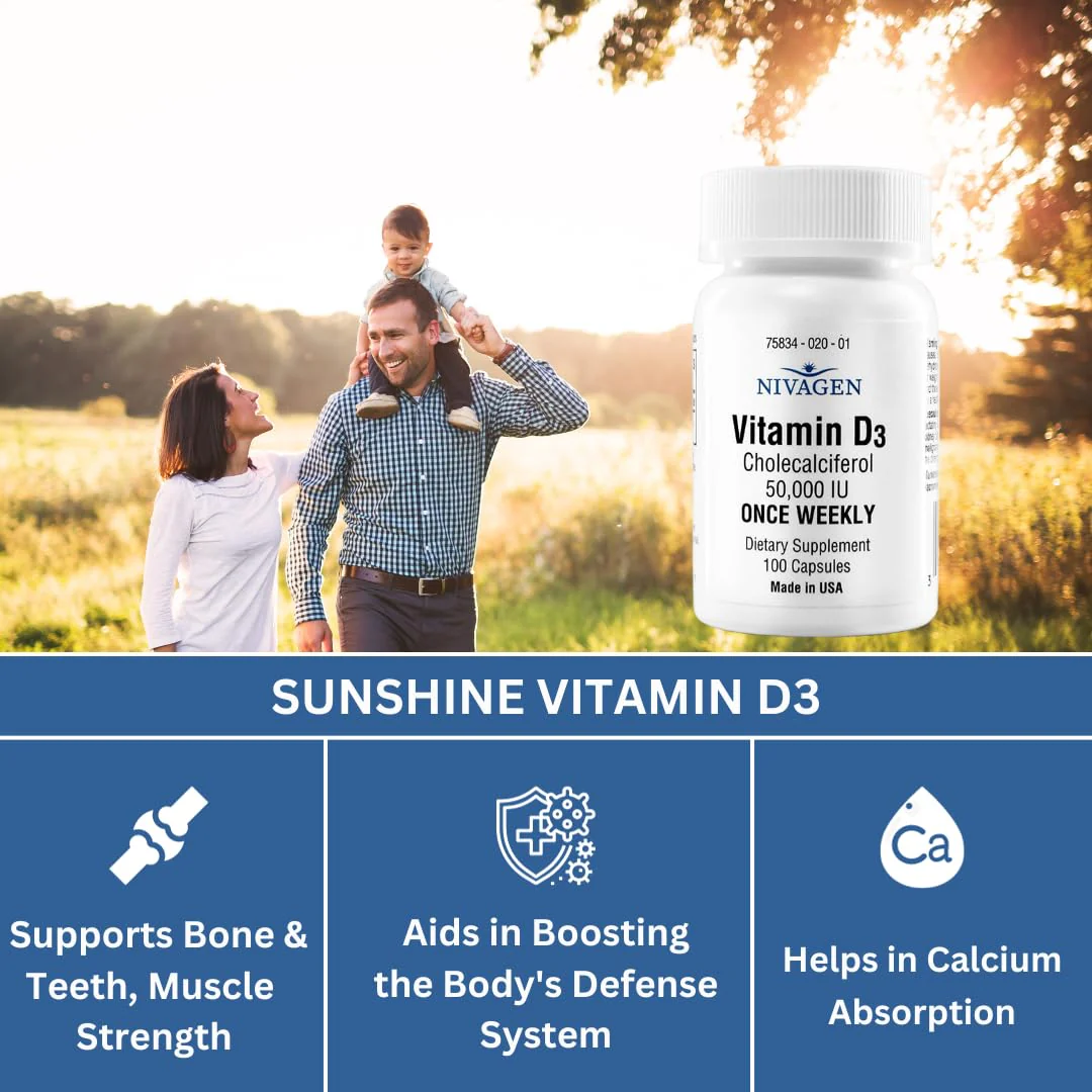 Nivagen Vitamin D3 50,000 IU (1250 mcg) | Once Weekly Dose | 100 Capsules (100 Weeks, Approx. 2 Years Supply) | Easy to Swallow | Bone, Muscle & Immune Support | Non-GMO, Gluten Free | Made in USA - Image 8