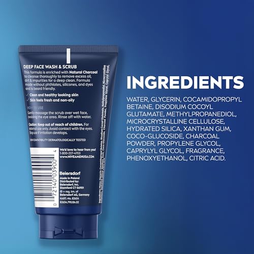 NIVEA MEN Deep Clean Face Wash and Scrub with Natural Charcoal, Exfoliating Face Wash for Men Removes Excess Oil, Dirt and Impurities, Beard Friendly Skin Care, 2.5 Fl Oz Tube, Pack of 3 - Image 2