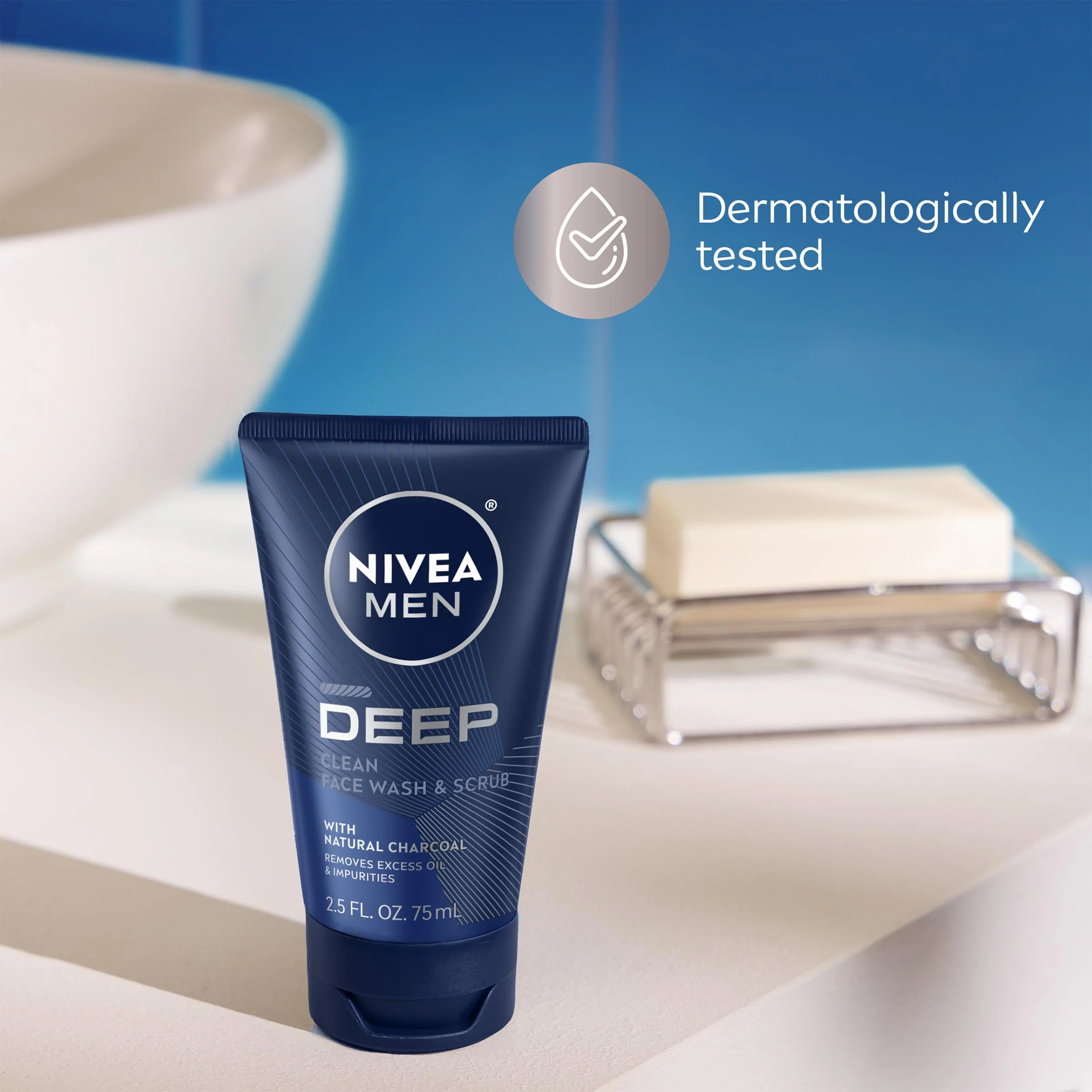 NIVEA MEN Deep Clean Face Wash and Scrub with Natural Charcoal, Exfoliating Face Wash for Men Removes Excess Oil, Dirt and Impurities, Beard Friendly Skin Care, 2.5 Fl Oz Tube, Pack of 3 - Image 5