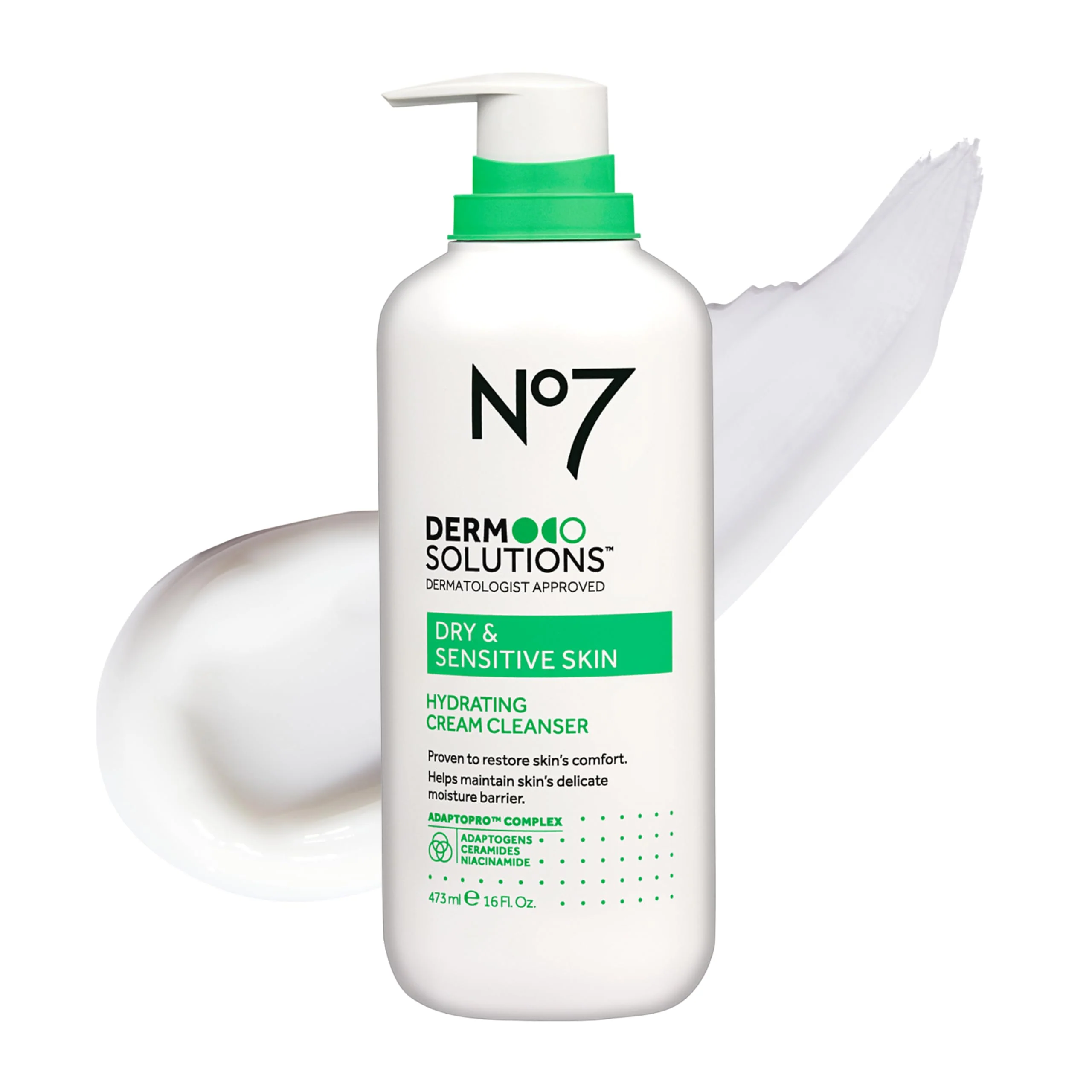 No7 Derm Solutions Hydrating Facial Cleanser - Gentle Cream Face Wash Formulated with Ceramides, Niacinamide & Adaptogens to Help Maintain Skin's Moisture Barrier - For Dry & Sensitive Skin (16 Fl Oz)