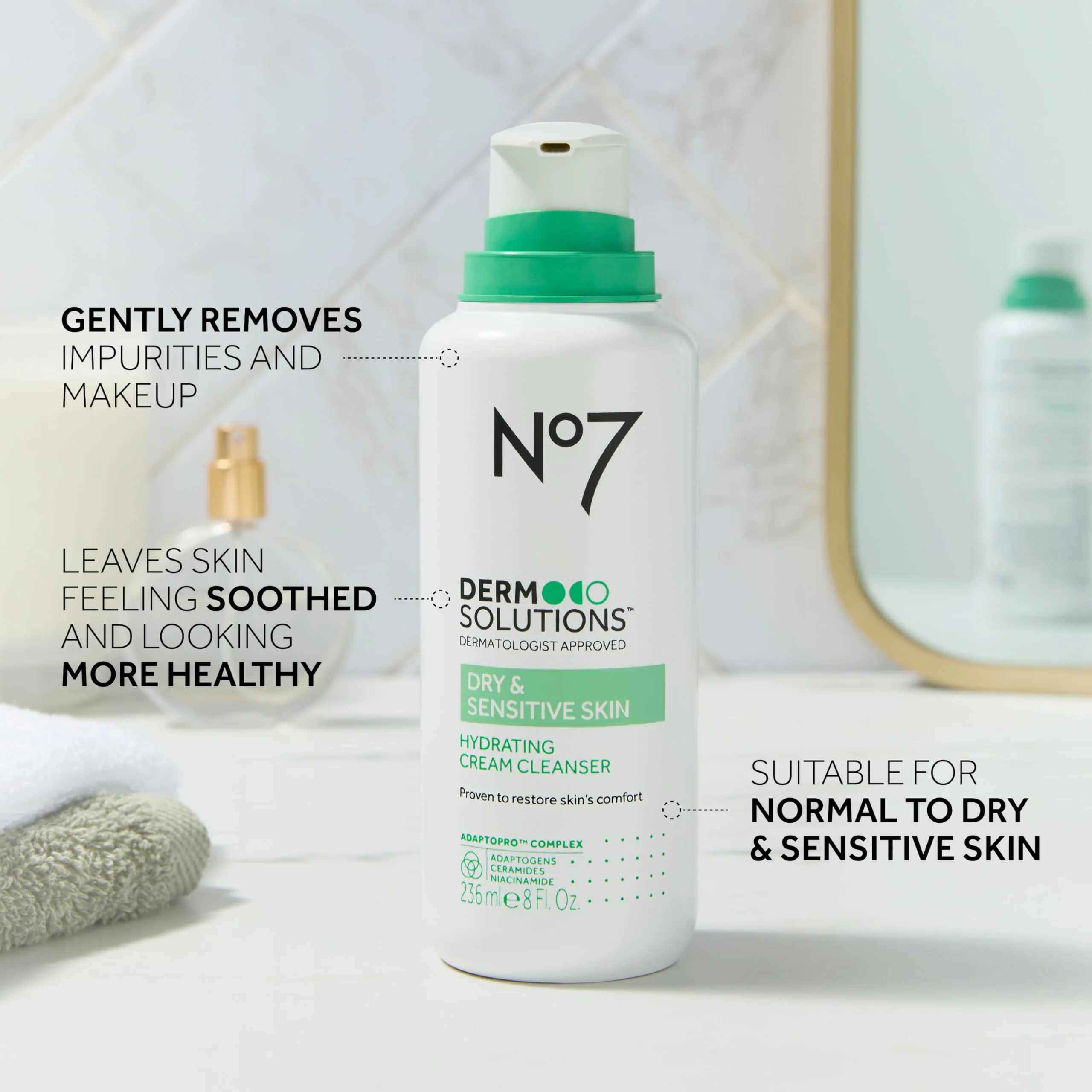 No7 Derm Solutions Hydrating Facial Cleanser - Gentle Cream Face Wash Formulated with Ceramides, Niacinamide & Adaptogens to Help Maintain Skin's Moisture Barrier - For Dry & Sensitive Skin (16 Fl Oz) - Image 5