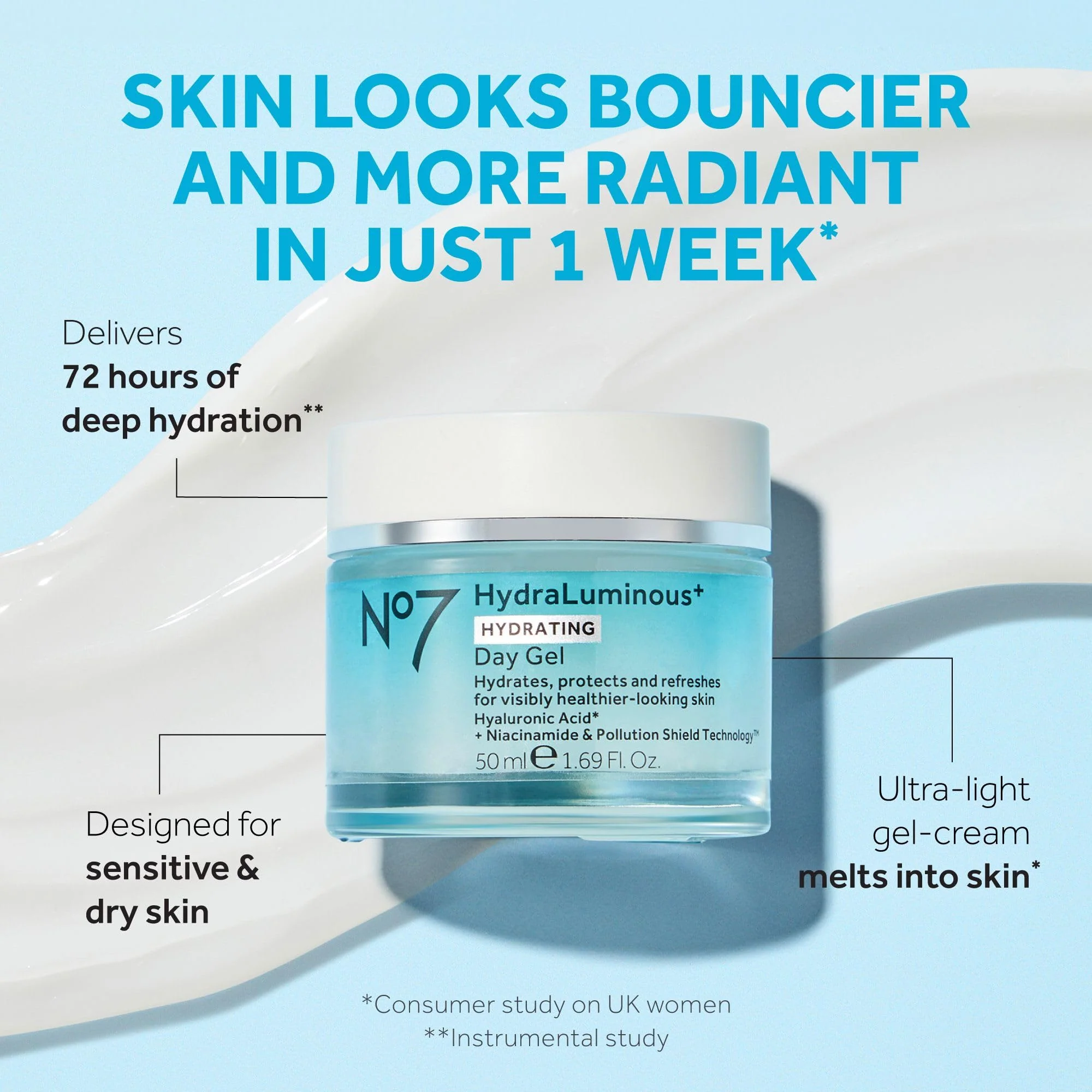 No7 HydraLuminous+ Hydrating Day Gel Moisturizer - Hyaluronic Acid and Vitamin B3 Niacinamide Face Moisturizer to Hydrate, Protect & Refresh Skin - Supports Skin Barrier Repair (1.69 Fl Oz) - Image 8