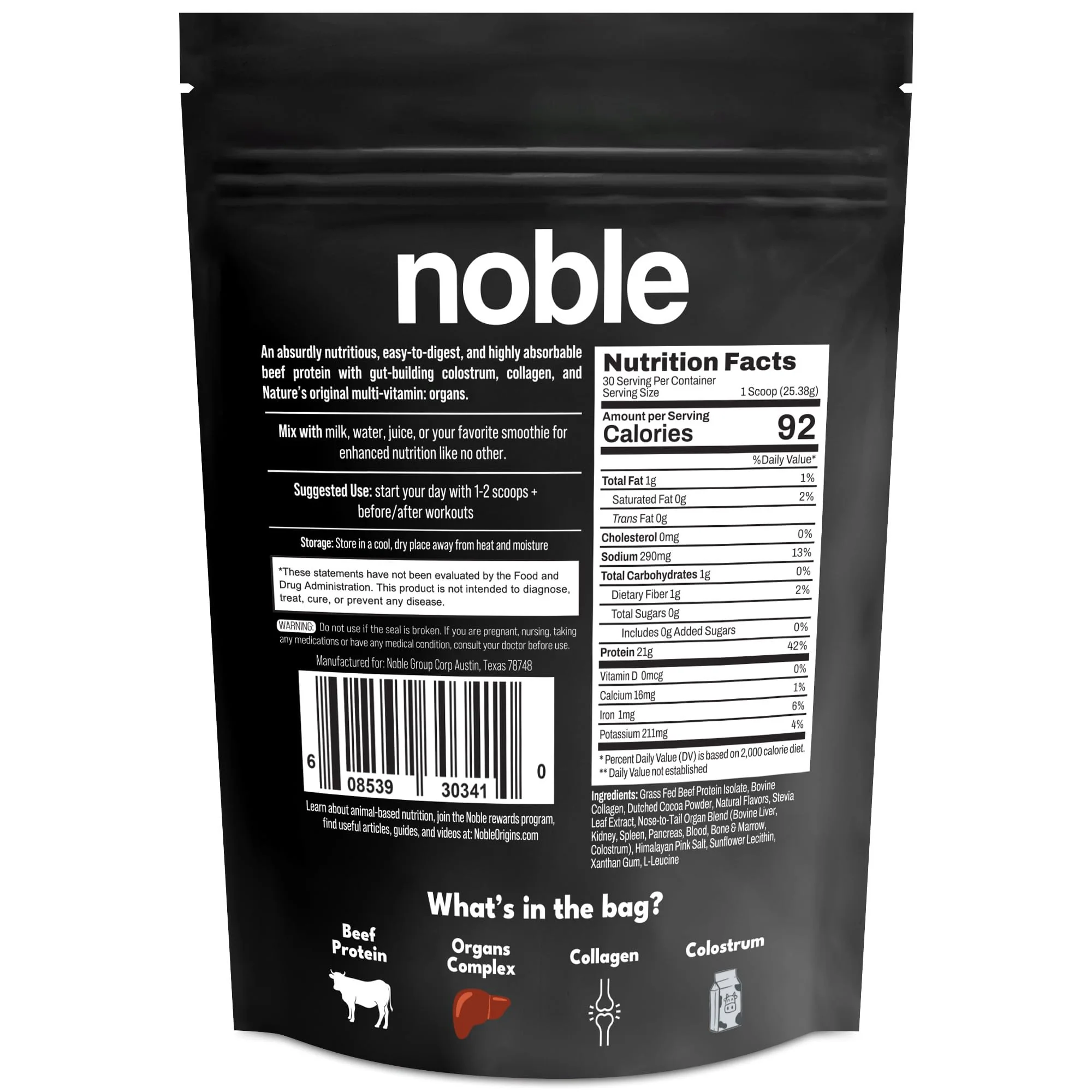 Noble All-in-One Chocolate Protein Powder, 21g Grass-Fed Beef Protein & Collagen, Colostrum & Organ Blend, Whey-Free, Seed Oil-Free, Zero-Carb, 30 Servings (1.75lbs) - Image 7