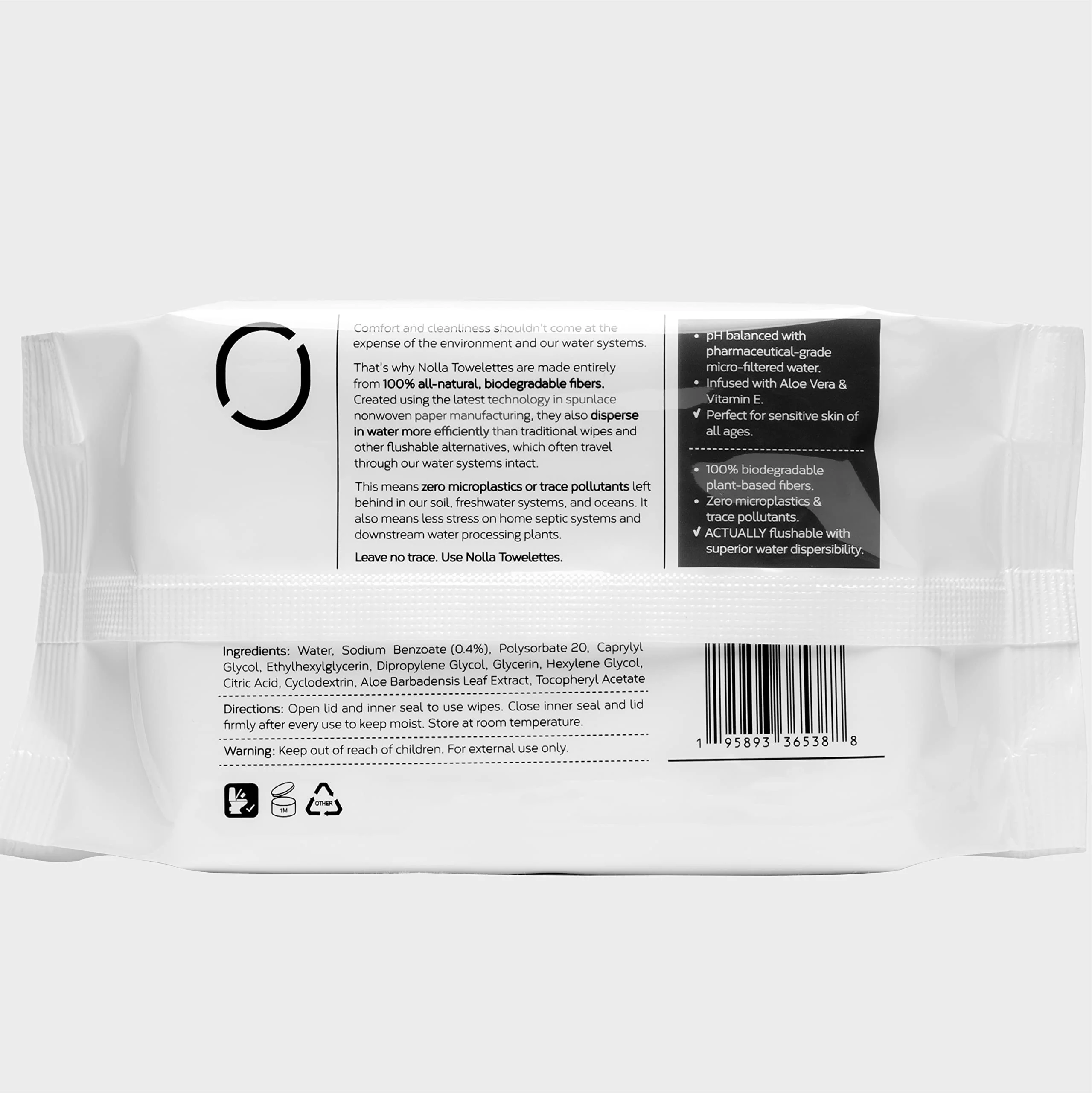 Nolla Flushable Wipes, 100% Plant-Based, Plastic-Free and Biodegradable - For Adults and Kids - Unscented + Soothing Aloe and Vitamin E 360 Count (6 Packs of 60) - Image 2