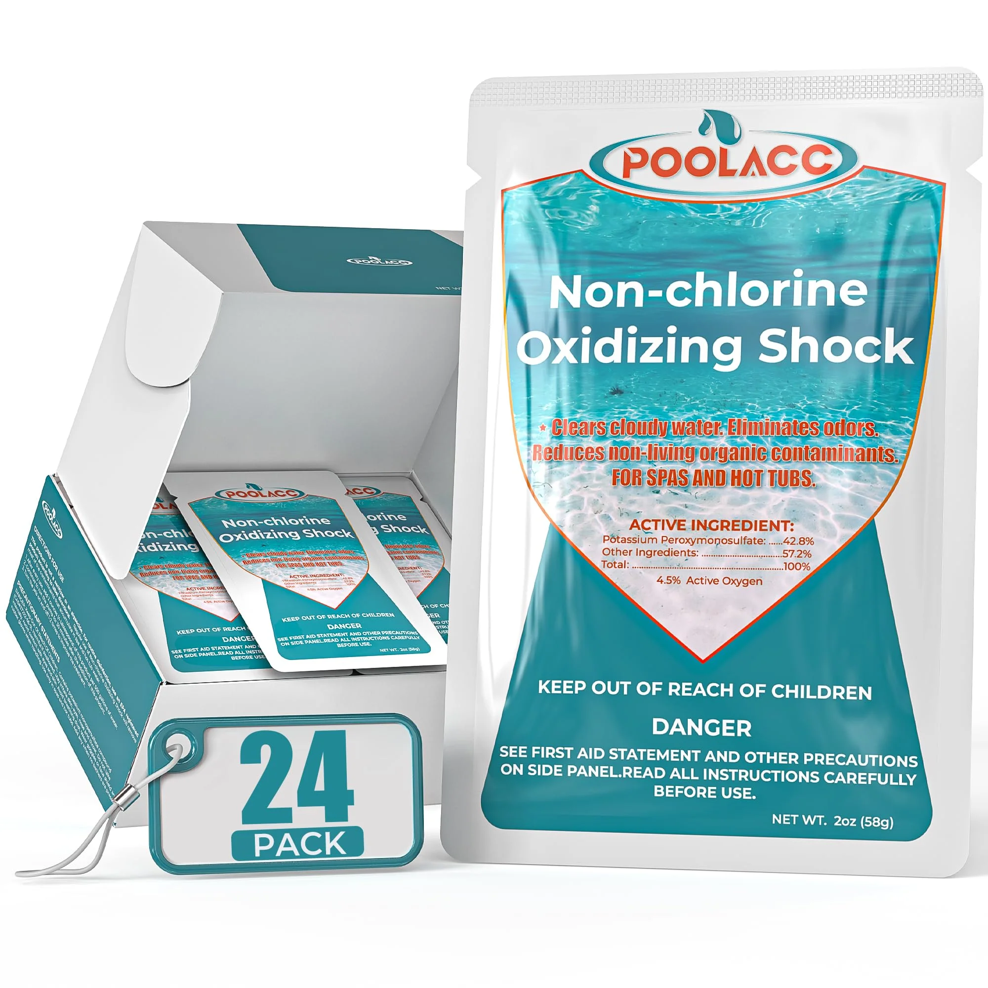 Non-Chlorine Spa Shock Oxidizer for Hot Tub, Chlorine-Free Treatment & Enhanced Oxidizing Shock for Hot Tubs & Spas, Single Dose Packets for Easy Hot Tub Maintenance & Treatment - 24 Packs (3lbs)