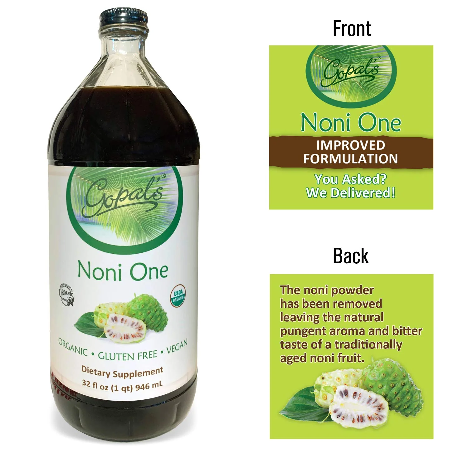 Noni One | 100% Pure Organic Noni Juice - 32oz Glass Bottle (1 qt) | Gluten-Free and Vegan Superfruit Supplement, 30 grams of Noni Juice Per Serving, Vitamin and Antioxidant Rich | Gopal's Healthfoods - Image 5