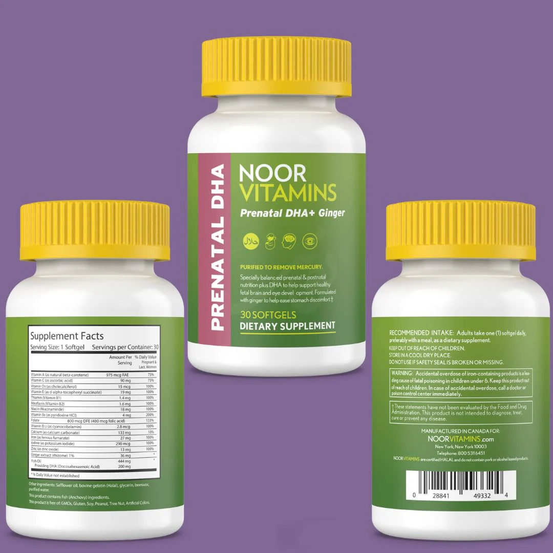Noor Vitamins Halal Prenatal Vitamins with DHA and Folic Acid, Essential Vitamins, Ginger to Soothe Mom's Stomach, Iron, Softgels, Prenatal Vitamin Before/During/Post Pregnancy (1 Month Supply)
