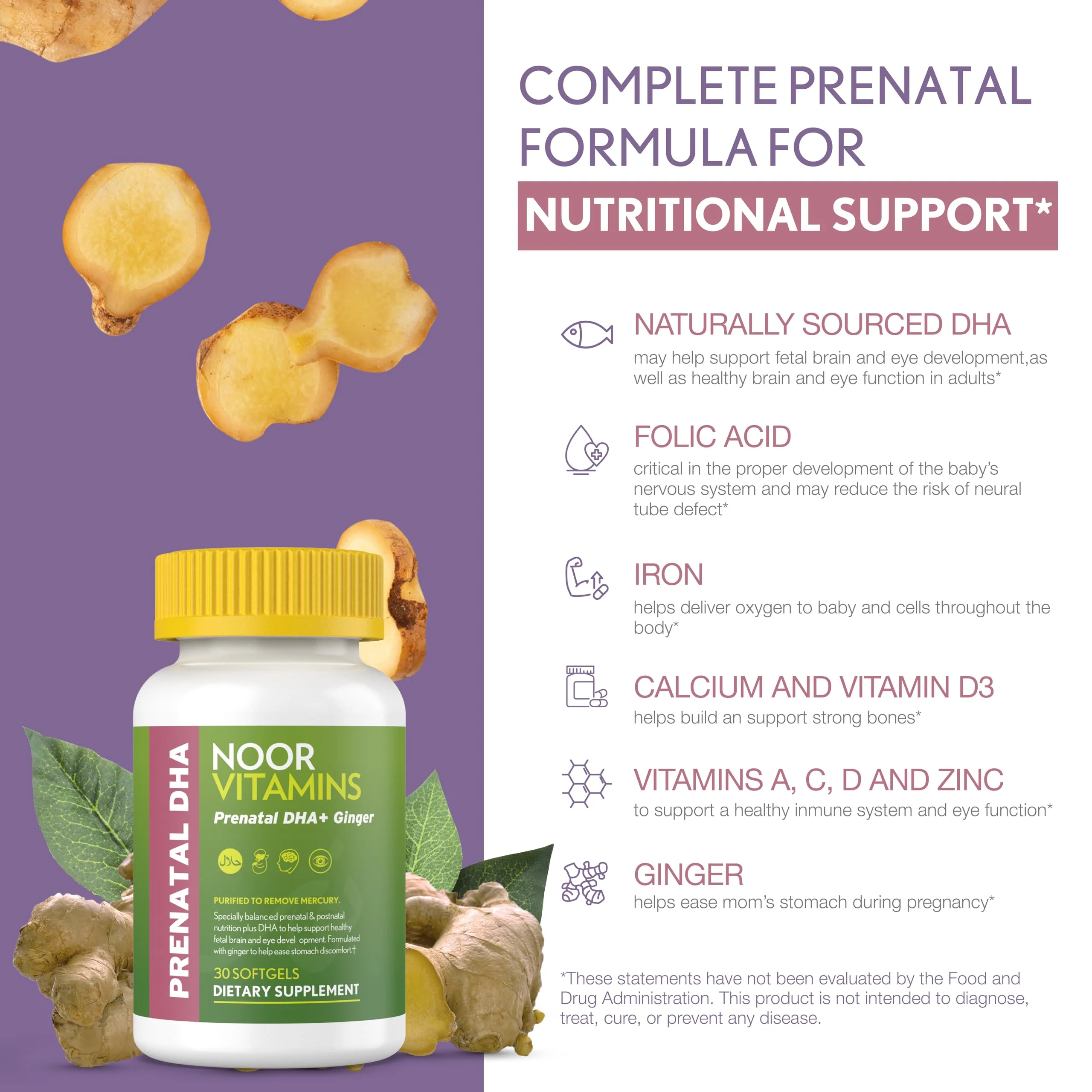 Noor Vitamins Halal Prenatal Vitamins with DHA and Folic Acid, Essential Vitamins, Ginger to Soothe Mom's Stomach, Iron, Softgels, Prenatal Vitamin Before/During/Post Pregnancy (1 Month Supply) - Image 5