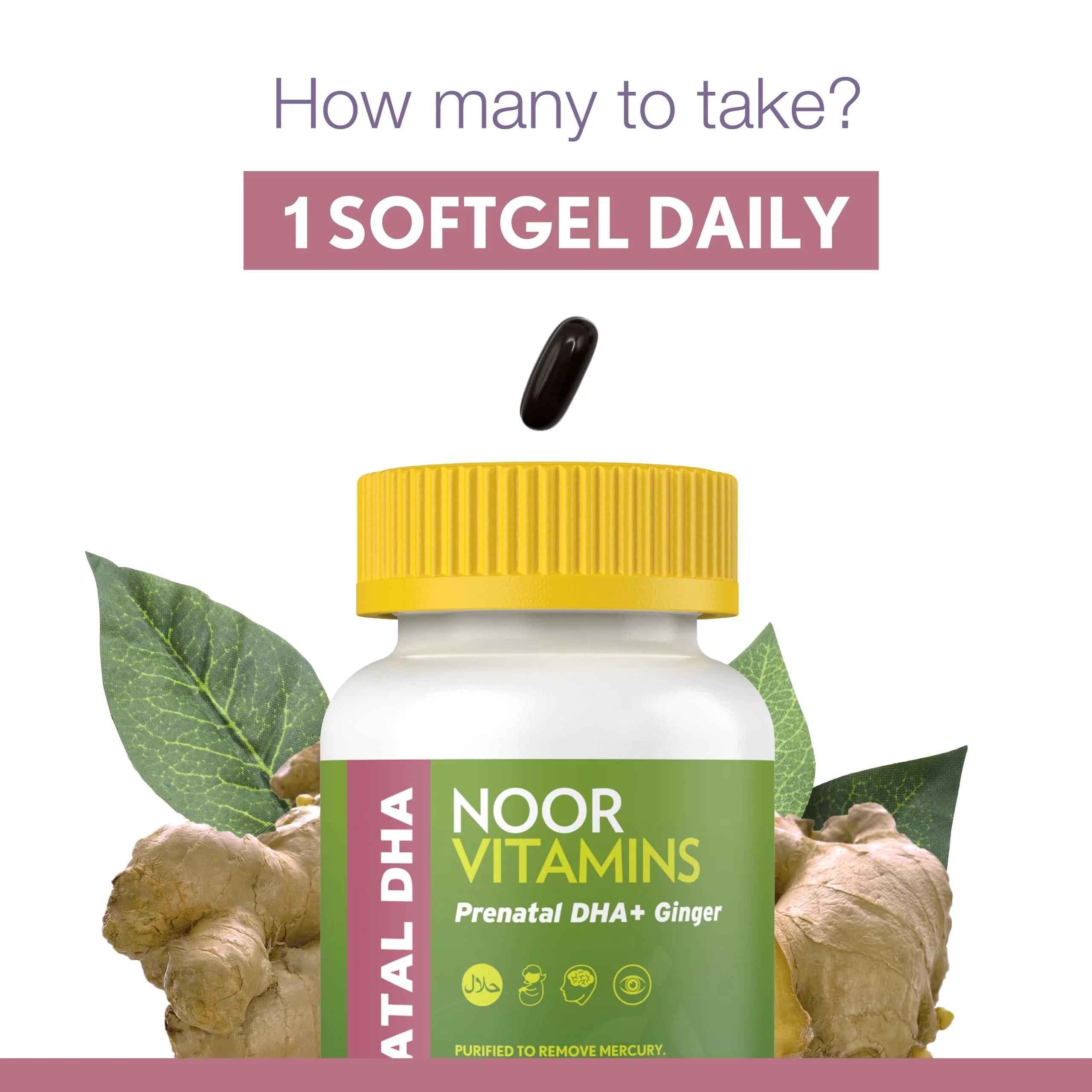 Noor Vitamins Halal Prenatal Vitamins with DHA and Folic Acid, Essential Vitamins, Ginger to Soothe Mom's Stomach, Iron, Softgels, Prenatal Vitamin Before/During/Post Pregnancy (1 Month Supply) - Image 7