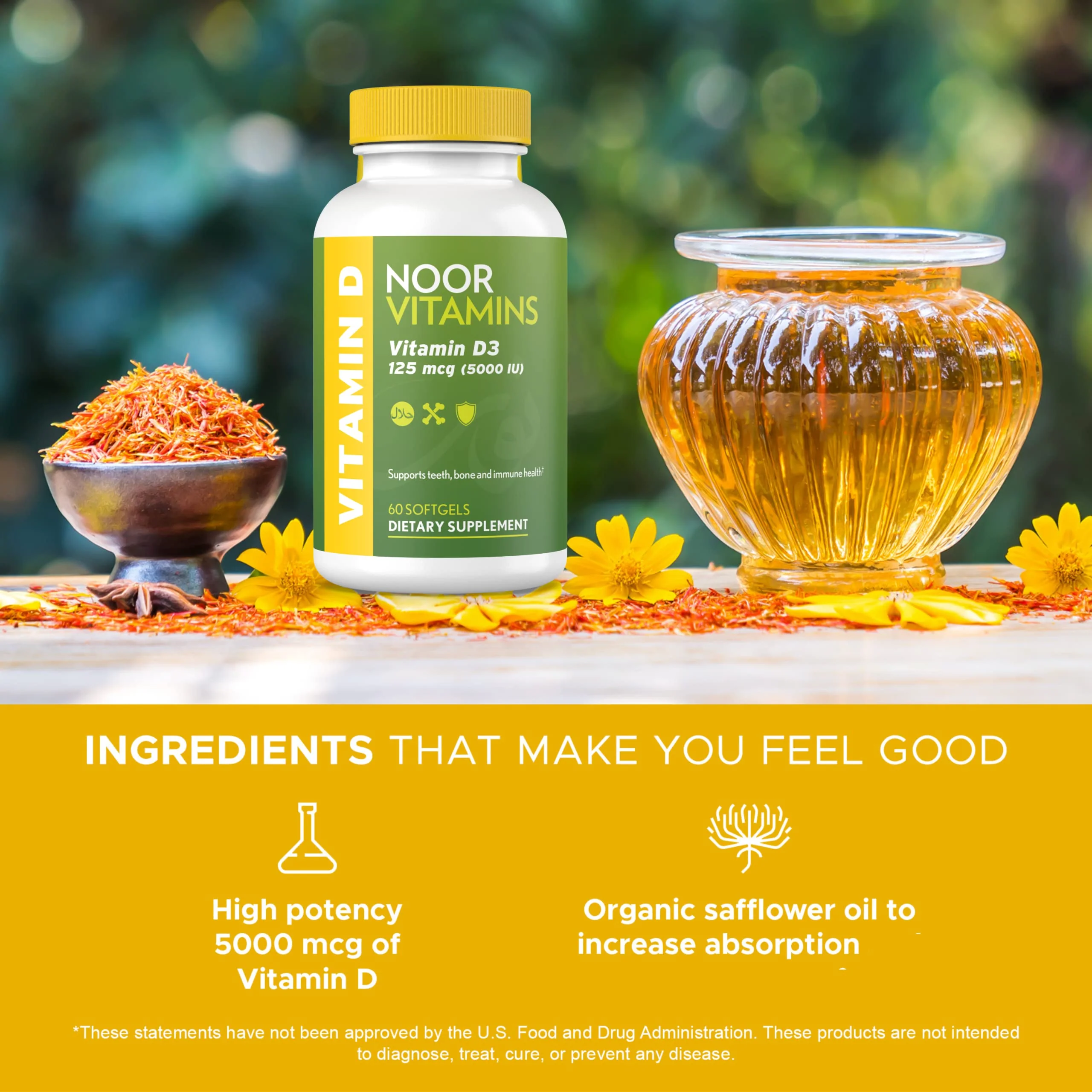 Noor Vitamins Halal Vitamin D, Halal Vitamin D3, 5000 IU Softgels, Supports Bone, Immune & Heart Health, from Safflower Oil to Maximize Absorption, Non-GMO, Gluten Free & Halal (60 Count)… - Image 5