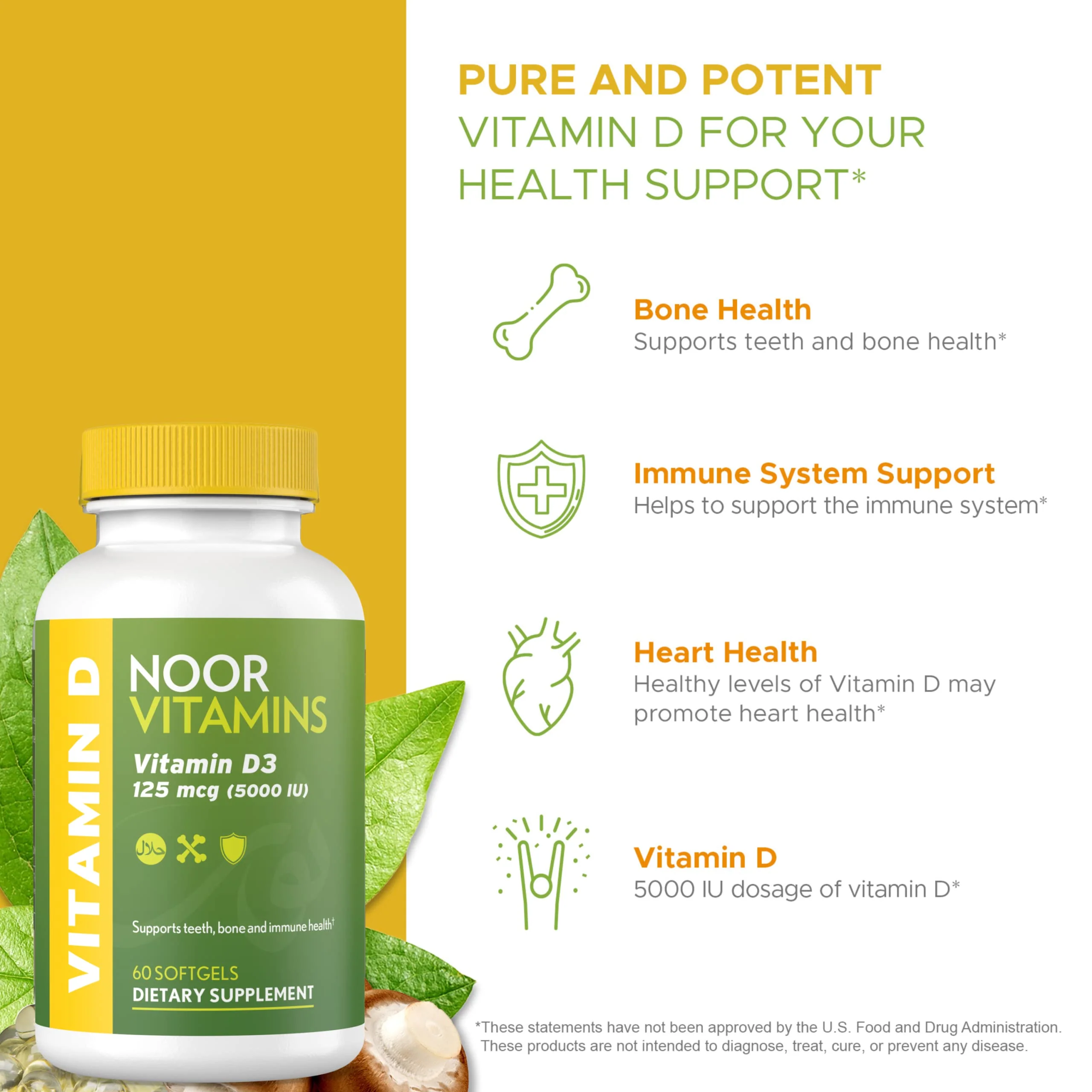 Noor Vitamins Halal Vitamin D, Halal Vitamin D3, 5000 IU Softgels, Supports Bone, Immune & Heart Health, from Safflower Oil to Maximize Absorption, Non-GMO, Gluten Free & Halal (60 Count)… - Image 7