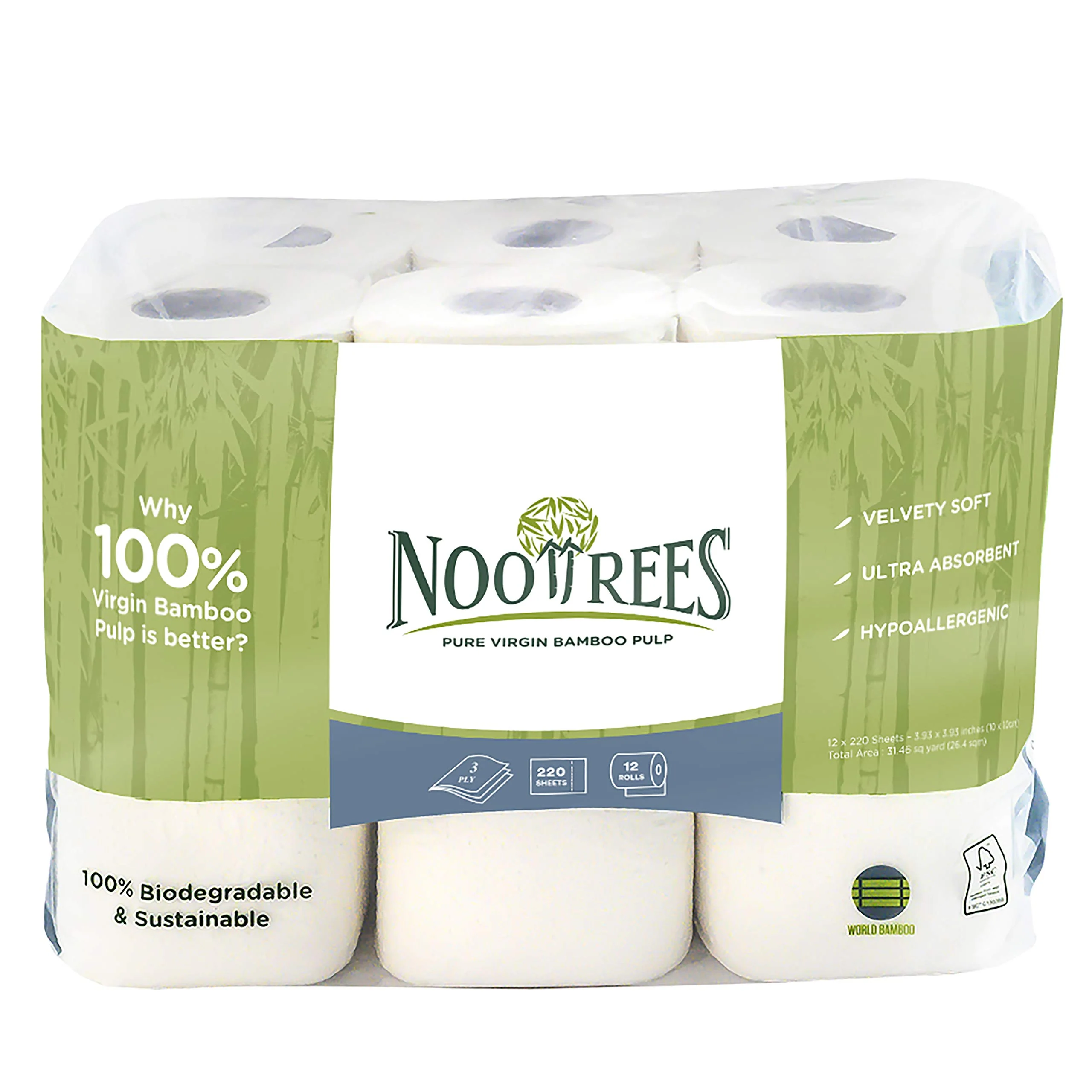 NooTrees Toilet Tissue, Tree Free, Biodegradable, Sustainable, Renewable and FSC Certified 3-ply Toilet Paper, 220 Sheets, 12 Rolls, Pack of 1