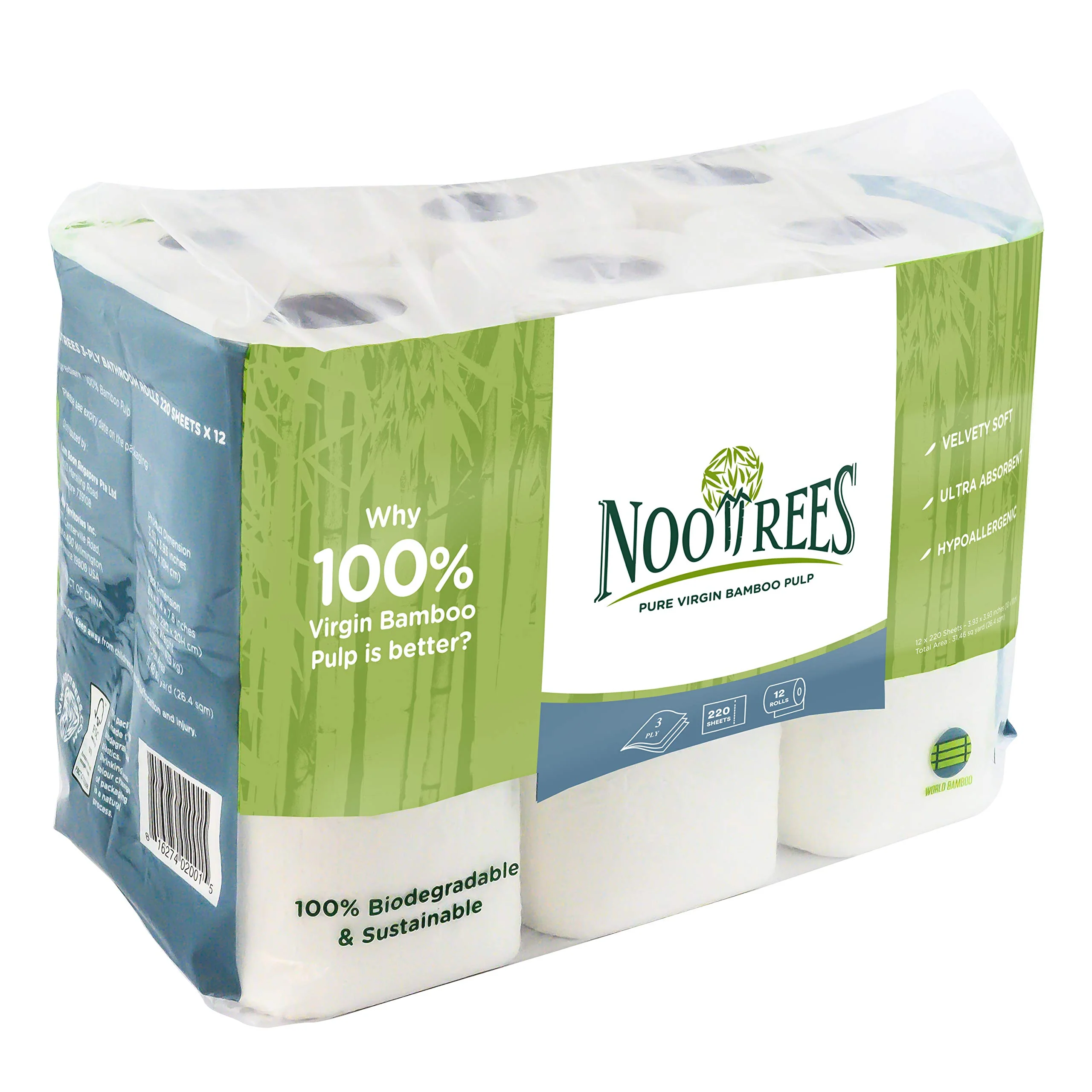 NooTrees Toilet Tissue, Tree Free, Biodegradable, Sustainable, Renewable and FSC Certified 3-ply Toilet Paper, 220 Sheets, 12 Rolls, Pack of 1 - Image 6
