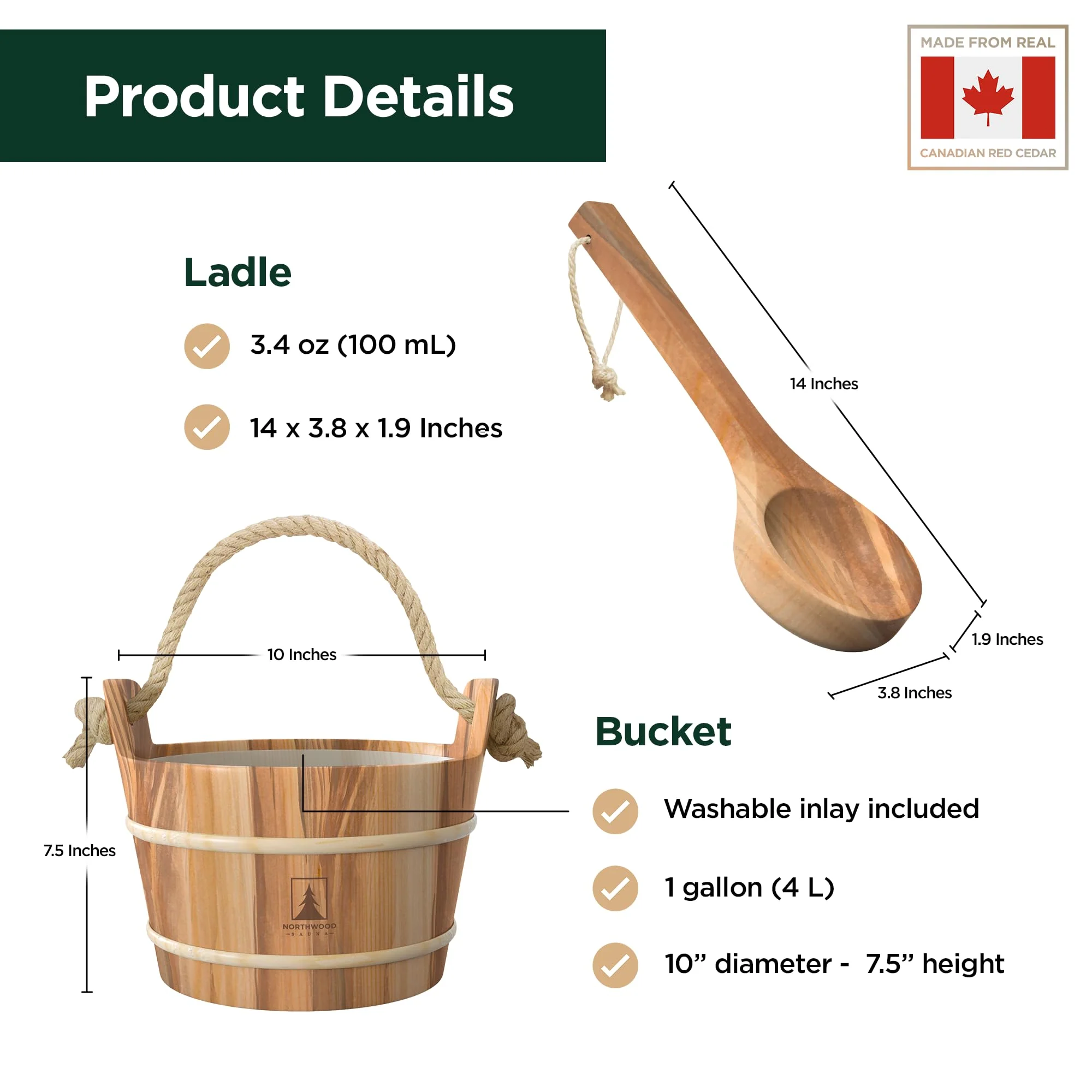 Northwood Sauna - Sauna Bucket and Ladle Set - Handmade from Canadian Red Cedar Wood - Natural Rope Handle - 1 Gallon (4 Liters) Water Capacity - Image 5