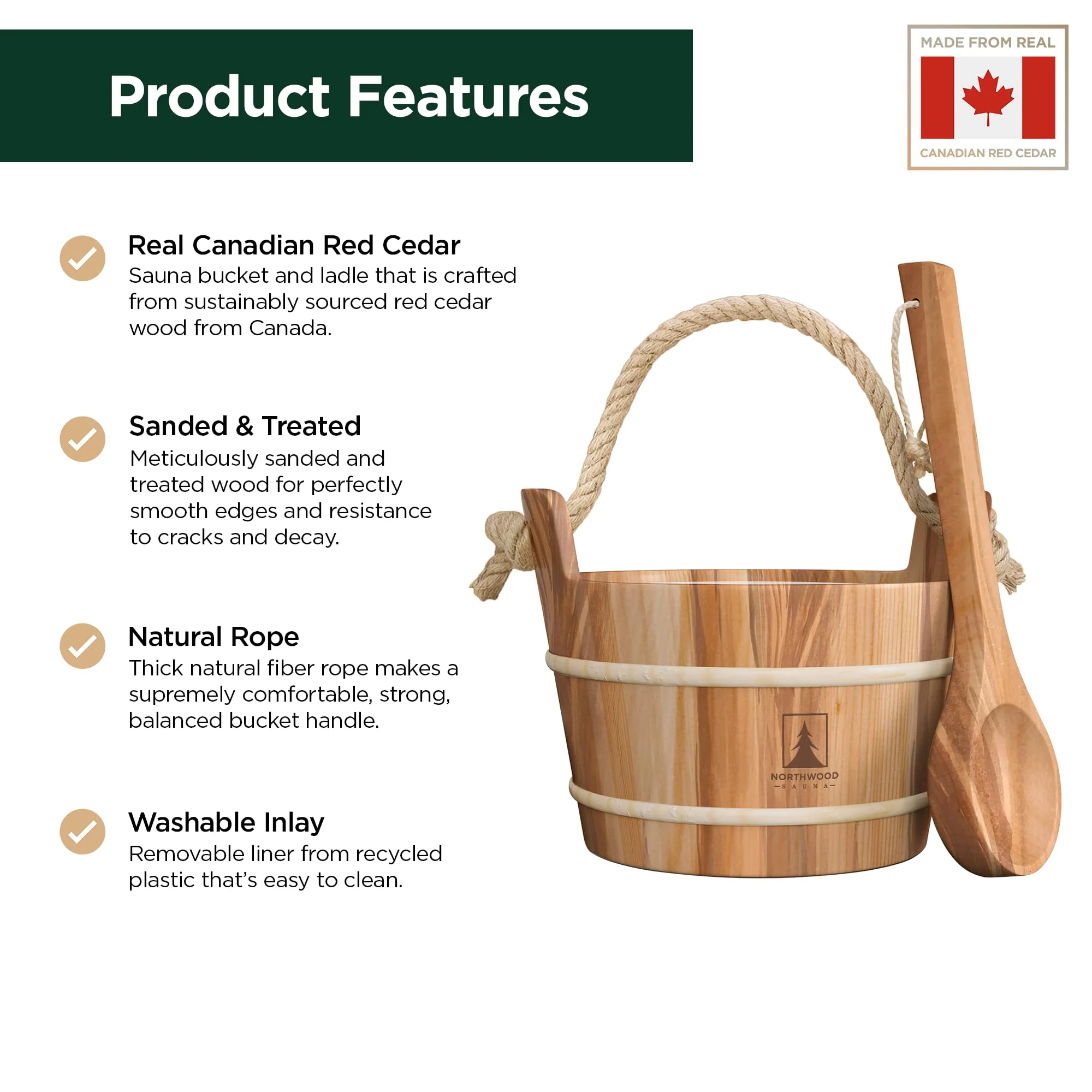 Northwood Sauna - Sauna Bucket and Ladle Set - Handmade from Canadian Red Cedar Wood - Natural Rope Handle - 1 Gallon (4 Liters) Water Capacity - Image 6