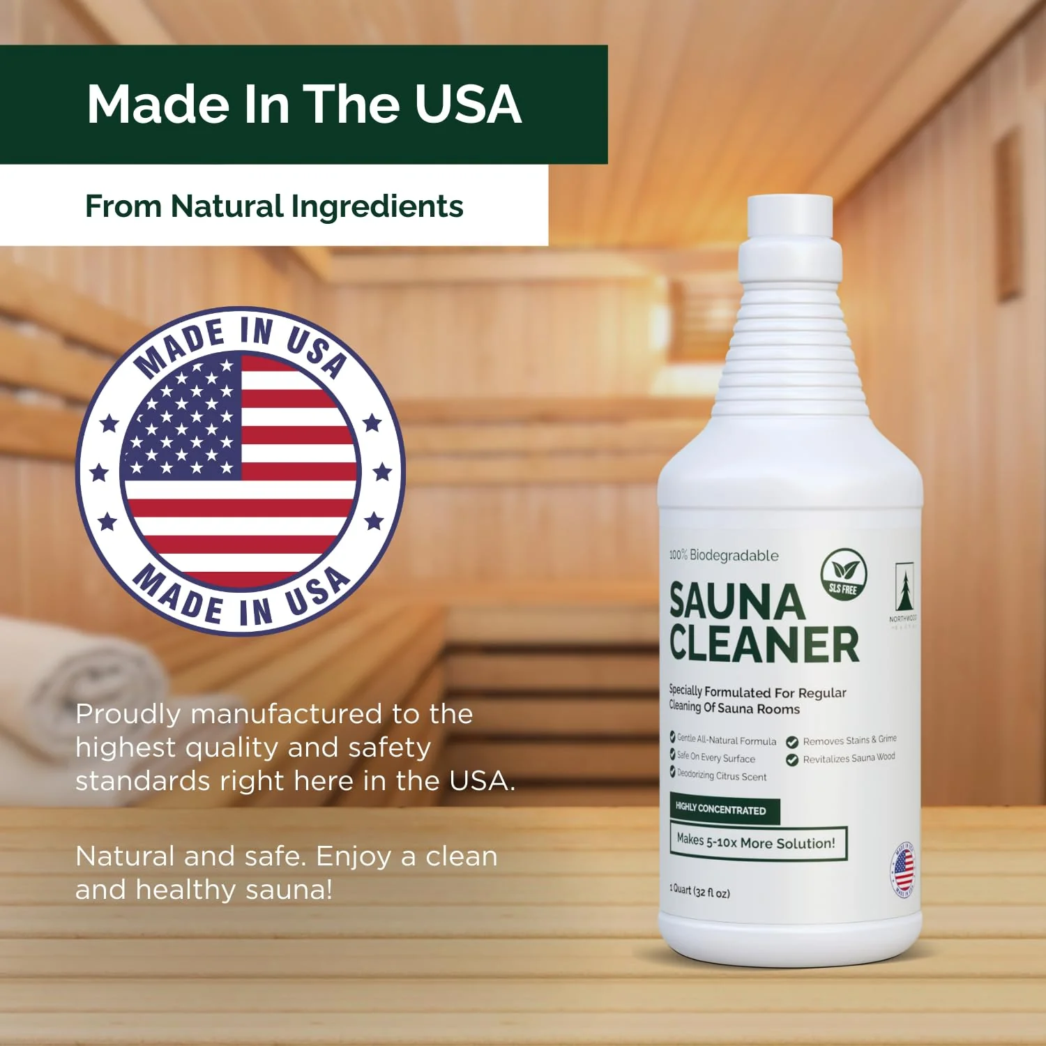 Northwood Sauna - Sauna Cleaner - Natural Wood Cleaner & Deodorizer - Makes 10x More Solution - 1 Quart (32 Fl Oz) - Image 5