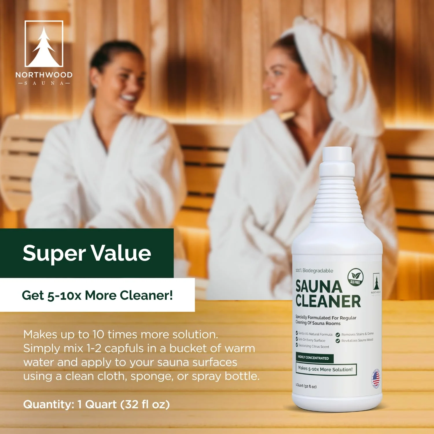 Northwood Sauna - Sauna Cleaner - Natural Wood Cleaner & Deodorizer - Makes 10x More Solution - 1 Quart (32 Fl Oz) - Image 6