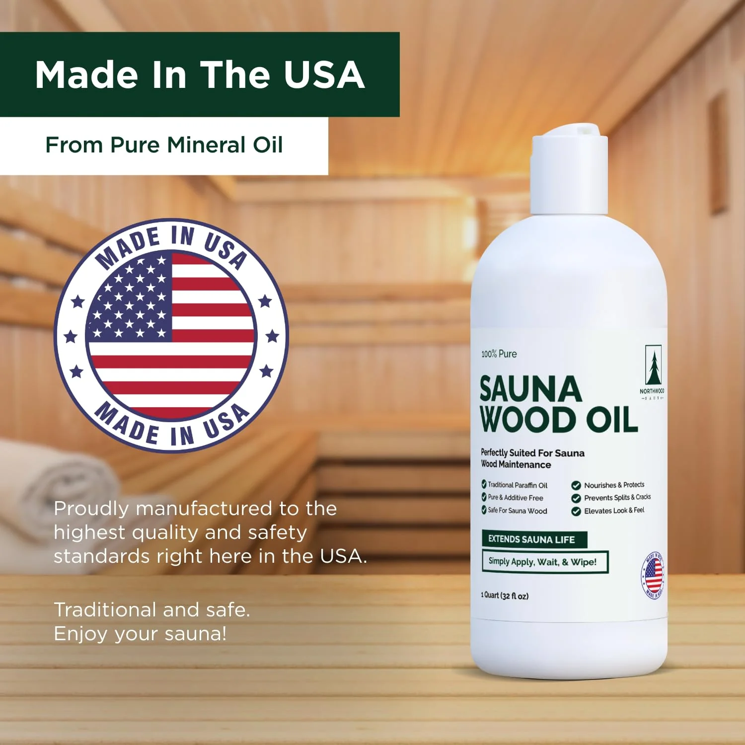 Northwood Sauna - Sauna Wood Oil - 100% Pure Paraffin Oil - Traditional Sauna Sealer - 1 Quart (32 Fl Oz) - Image 5