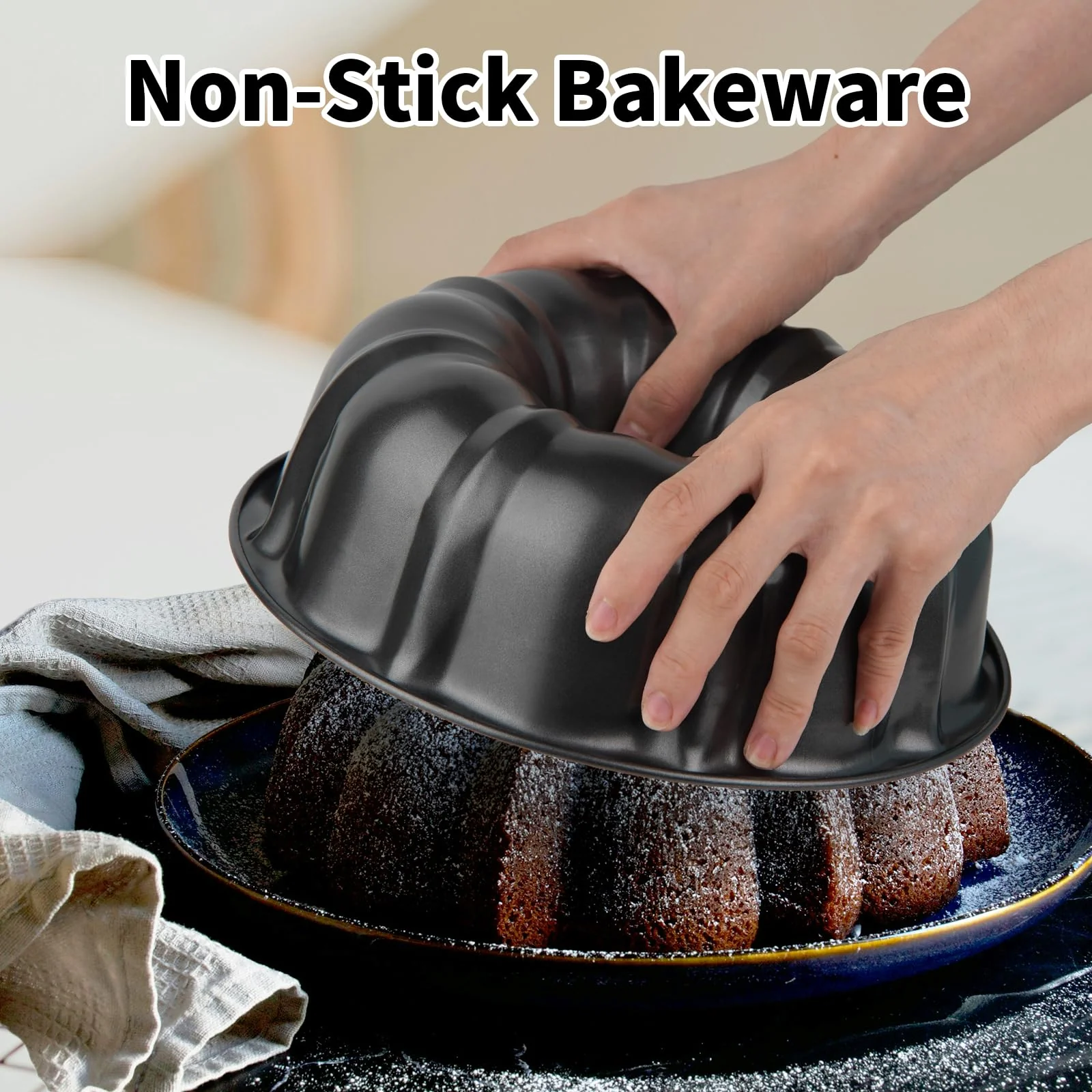Novery 9.5" Non-stick Cake Pan, Heavy Duty Carbon Steel Fluted Tube Round Baking Pan,Buntz Pound Cake Pan Mold,Tube Bakeware,Baking Mold for Jello,Gelatin,Chocoflan,Flan - 2 PCS - Image 3