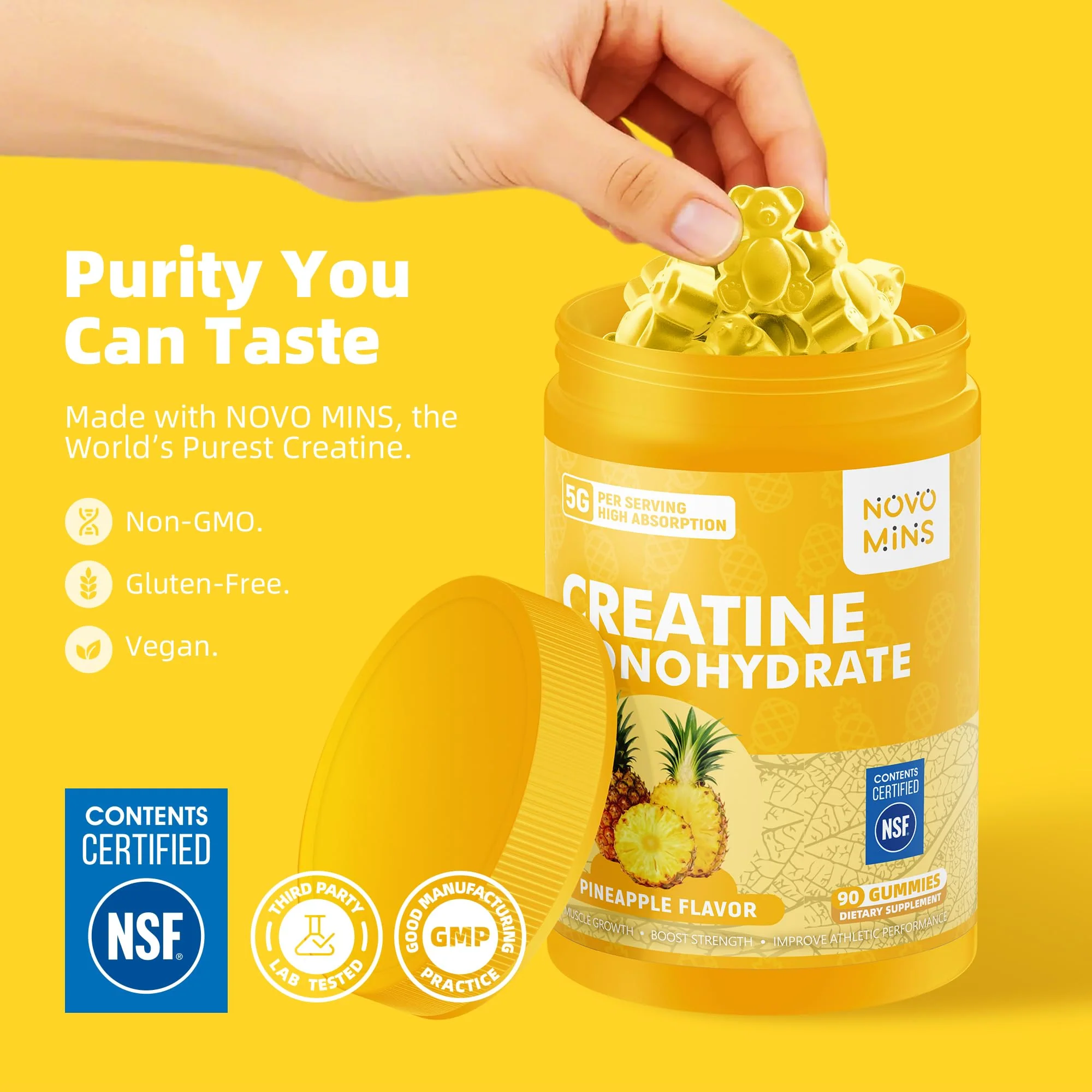 novomins Creatine Monohydrate Gummies for Men & Women, Chewables Creatine Monohydrate for Muscle Strength, Muscle Builder, Energy Boost, Pre-Workout Supplement(90 Count)-Pineapple Flavor. - Image 7