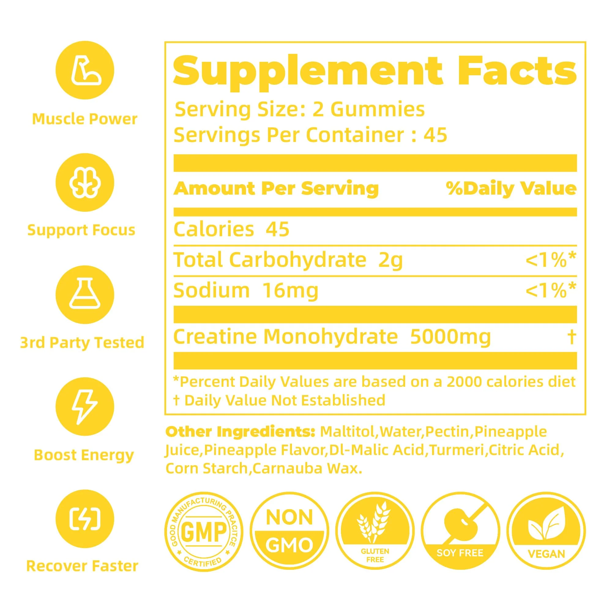 novomins Creatine Monohydrate Gummies for Men & Women, Chewables Creatine Monohydrate for Muscle Strength, Muscle Builder, Energy Boost, Pre-Workout Supplement(90 Count)-Pineapple Flavor. - Image 8