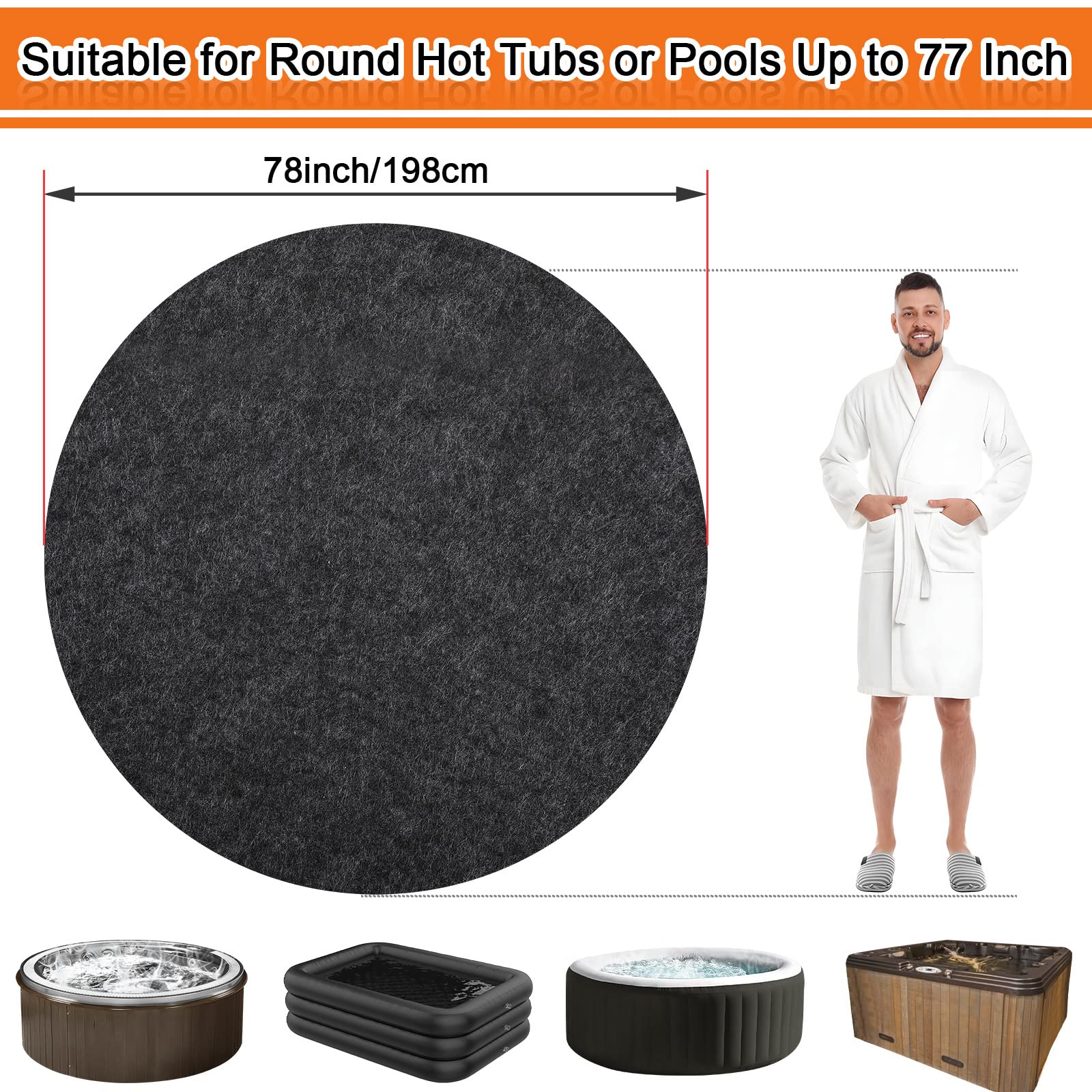 NOVWANG 78 Inch Dia Round Hot Tub Mat, Large Washable Above Ground Protector Pad Water Absorb with Waterproof Slip-proof Backing, Portable Spa Pool Accessories for 77" Dia below Outdoor Indoor Hot Tub - Image 6