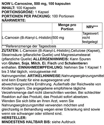 NOW Foods Supplements, L-Carnosine (Beta-Alanyl-L-Histidine) 500 mg, Healthy Aging, 100 Veg Capsules,(Pack of 2) - Image 2