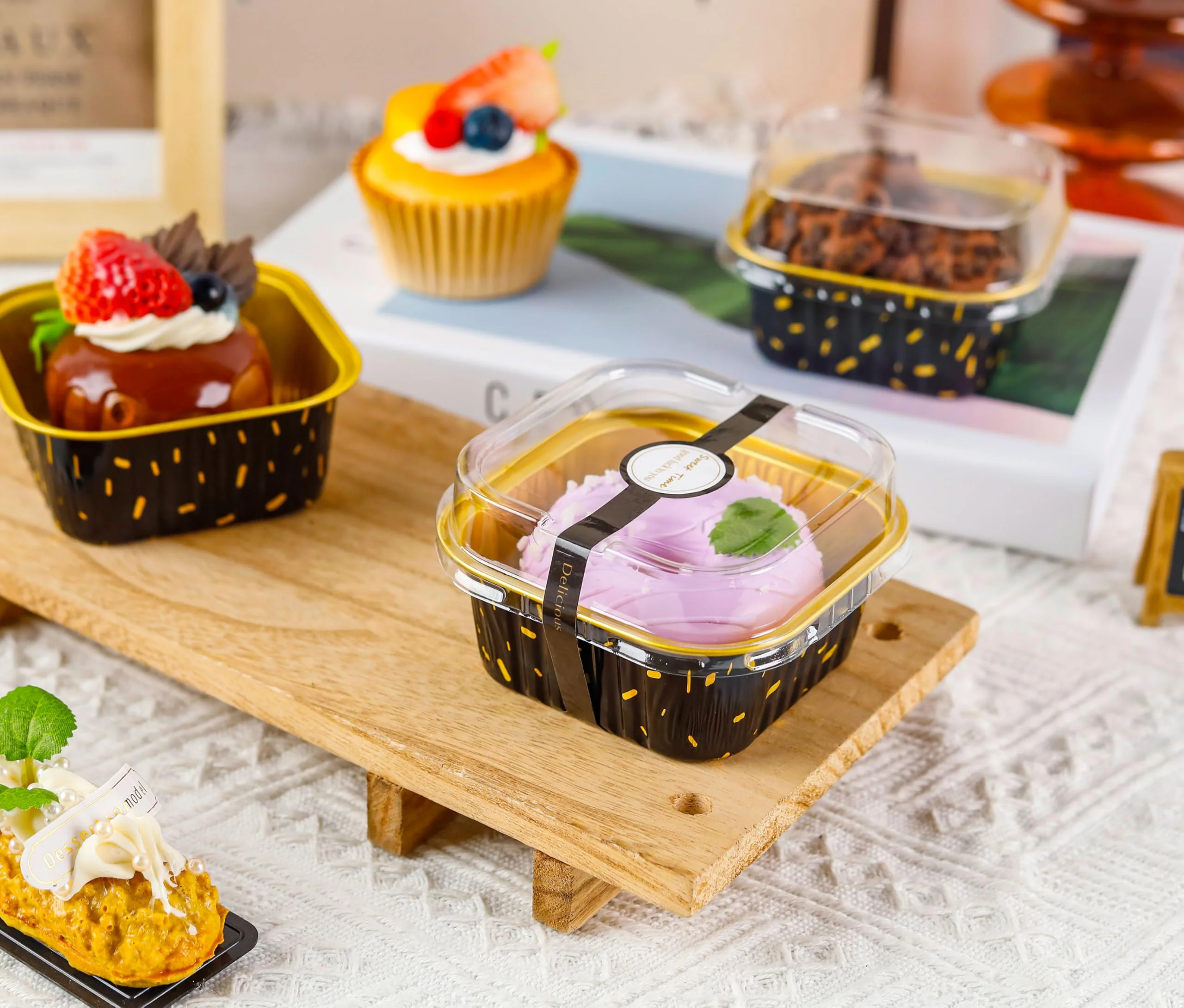 NPLUX 50 Pack Mini Cake Pans with Lids and Spoons Aluminum Foil Pans Square Cake Tins for Bakery Party Wedding (Black Gold Spot,5 oz) - Image 8