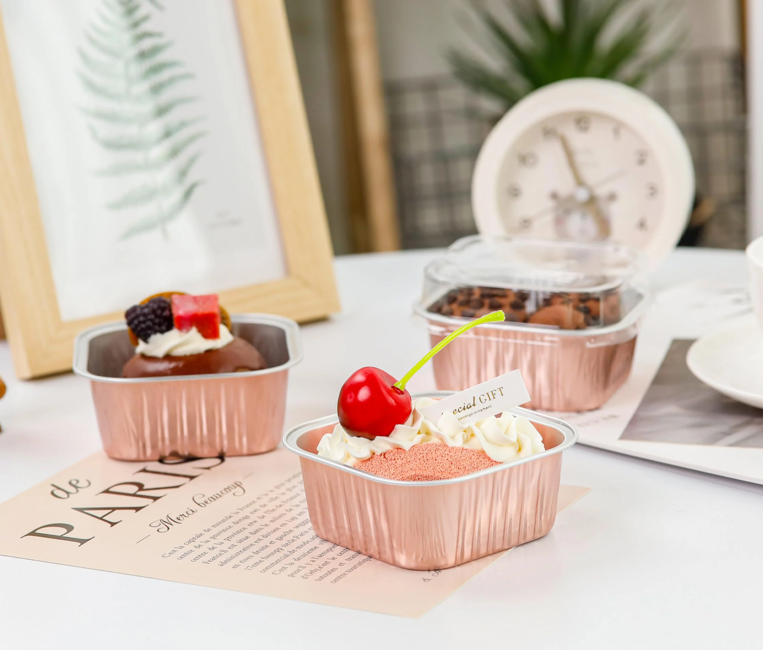 NPLUX 50 Pack Mini Cake Pans with Lids and Spoons Aluminum Foil Pans Square Cake Tins for Bakery Party Wedding (Champagne Color,5 oz) - Image 3