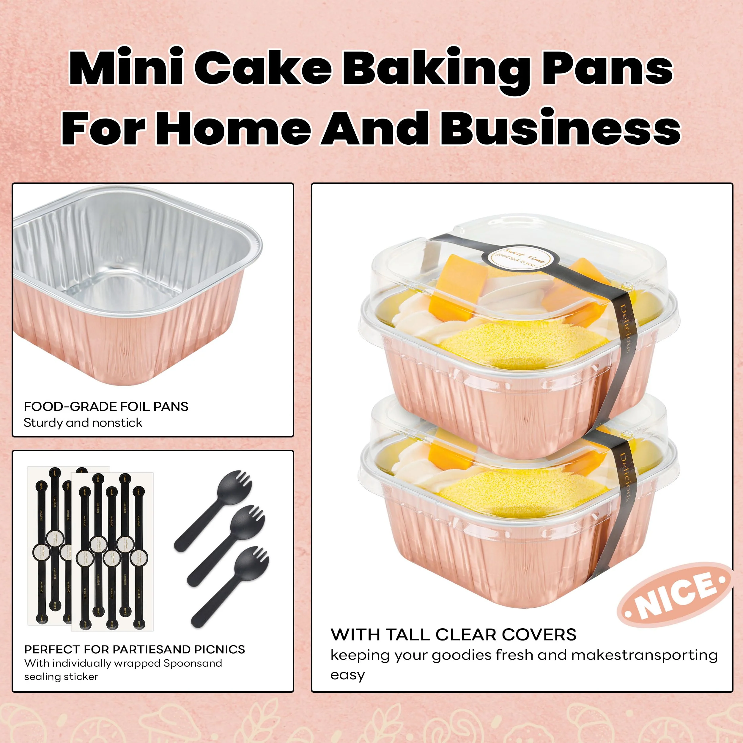 NPLUX 50 Pack Mini Cake Pans with Lids and Spoons Aluminum Foil Pans Square Cake Tins for Bakery Party Wedding (Champagne Color,5 oz) - Image 5