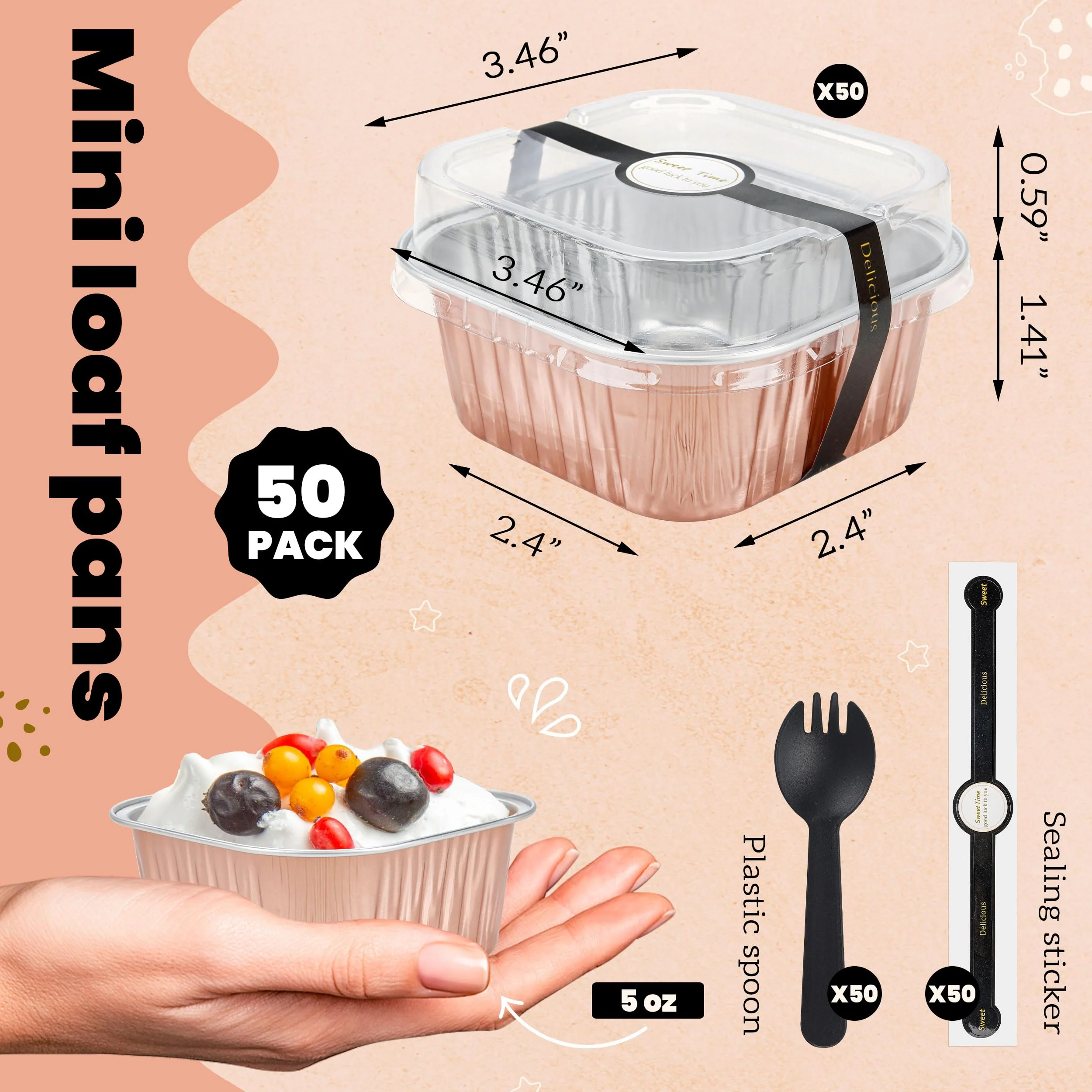 NPLUX 50 Pack Mini Cake Pans with Lids and Spoons Aluminum Foil Pans Square Cake Tins for Bakery Party Wedding (Champagne Color,5 oz) - Image 7