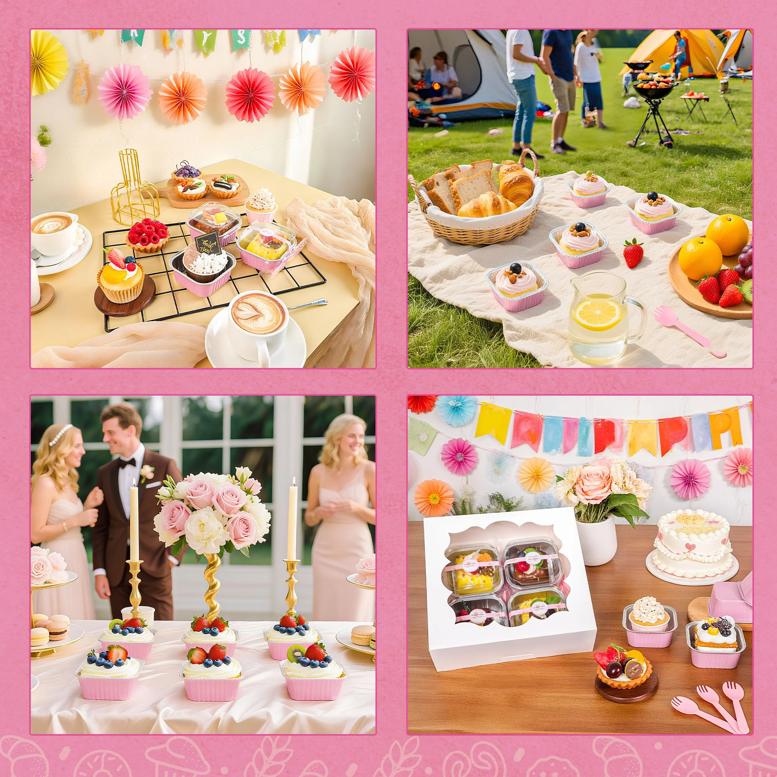 NPLUX 50 Pcs Mini Cake Pans with Lids and Spoons Aluminum Foil Mini Square Baking Cups with Lids Disposable Ramekins Cake Pans Dessert Cups for Wedding Birthday Party(Pink,5oz) - Image 5