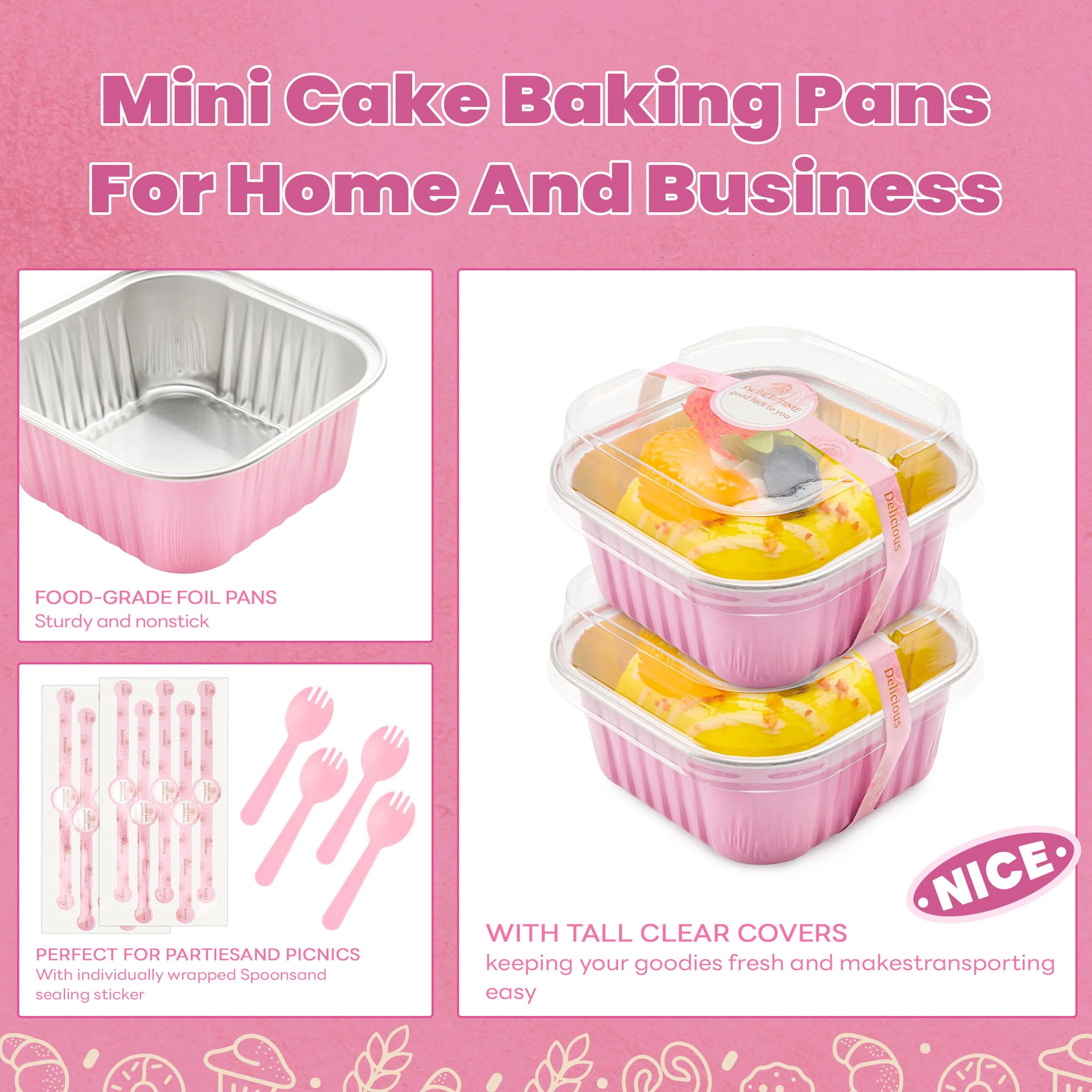 NPLUX 50 Pcs Mini Cake Pans with Lids and Spoons Aluminum Foil Mini Square Baking Cups with Lids Disposable Ramekins Cake Pans Dessert Cups for Wedding Birthday Party(Pink,5oz) - Image 6