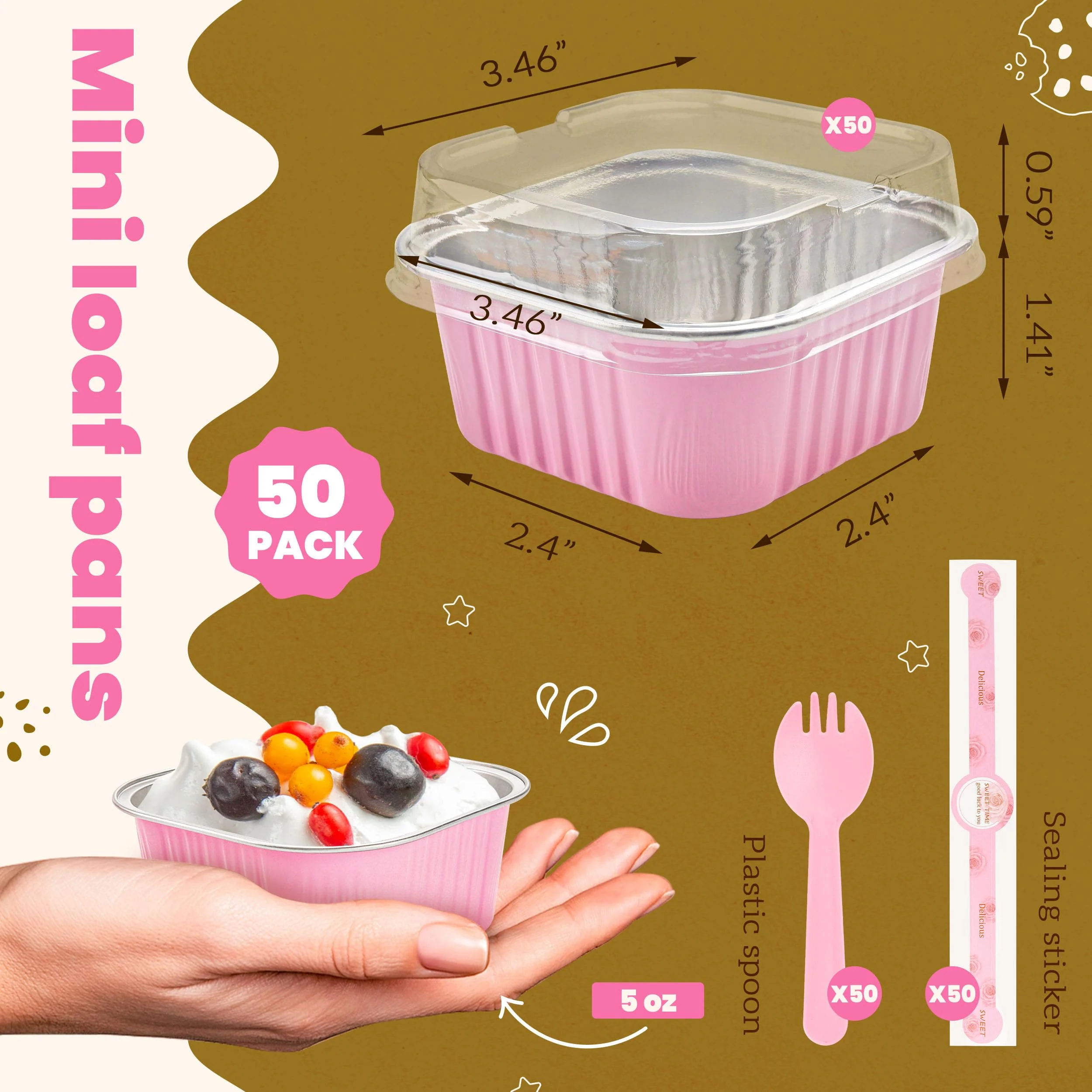 NPLUX 50 Pcs Mini Cake Pans with Lids and Spoons Aluminum Foil Mini Square Baking Cups with Lids Disposable Ramekins Cake Pans Dessert Cups for Wedding Birthday Party(Pink,5oz) - Image 8