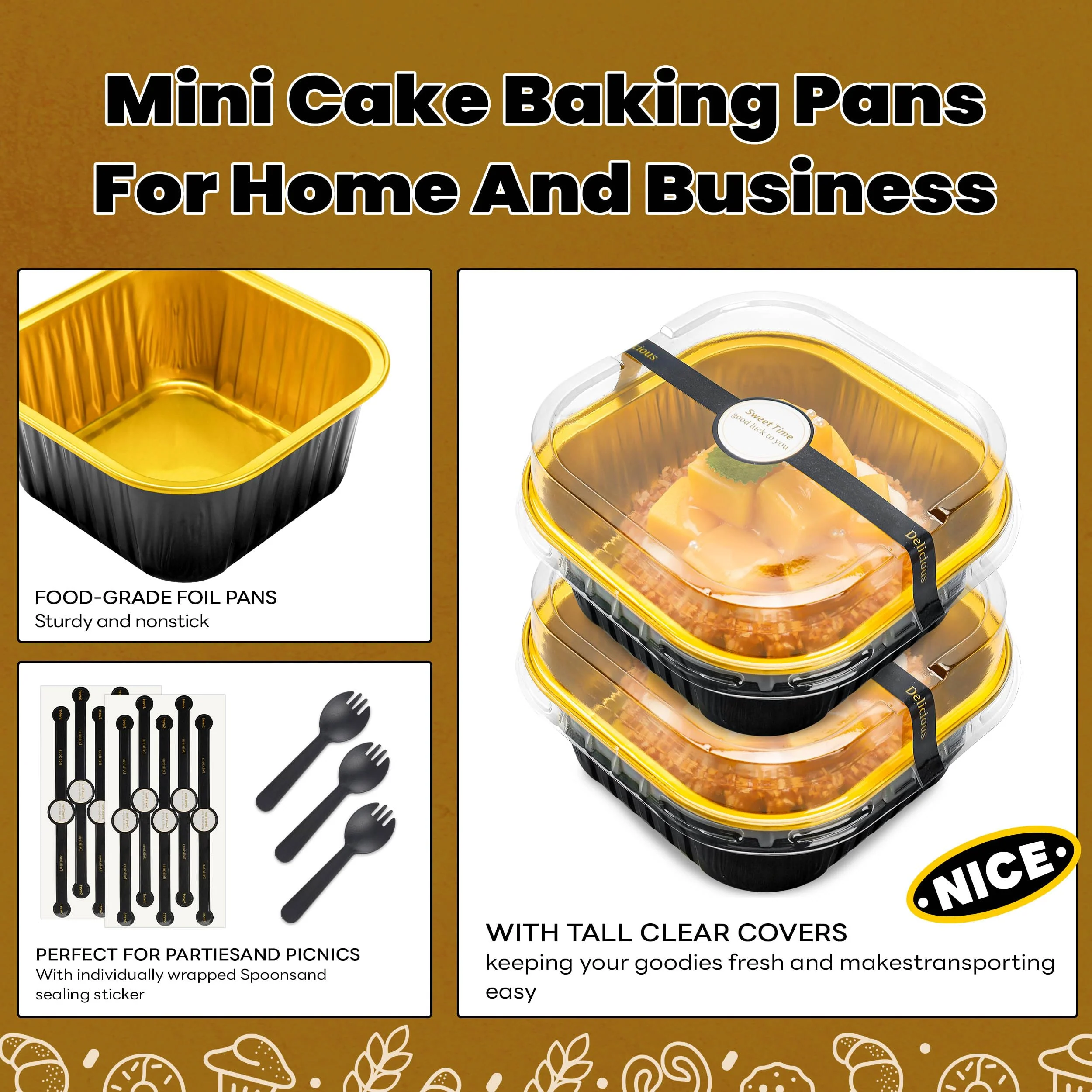 NPLUX 50 Pcs Mini Square Baking Cups with Lids and Spoons Aluminum Foil Mini Cake Pans with Lids Disposable Ramekins Cake Pans Dessert Cups for Wedding Birthday Party(Black Gold,5oz) - Image 4