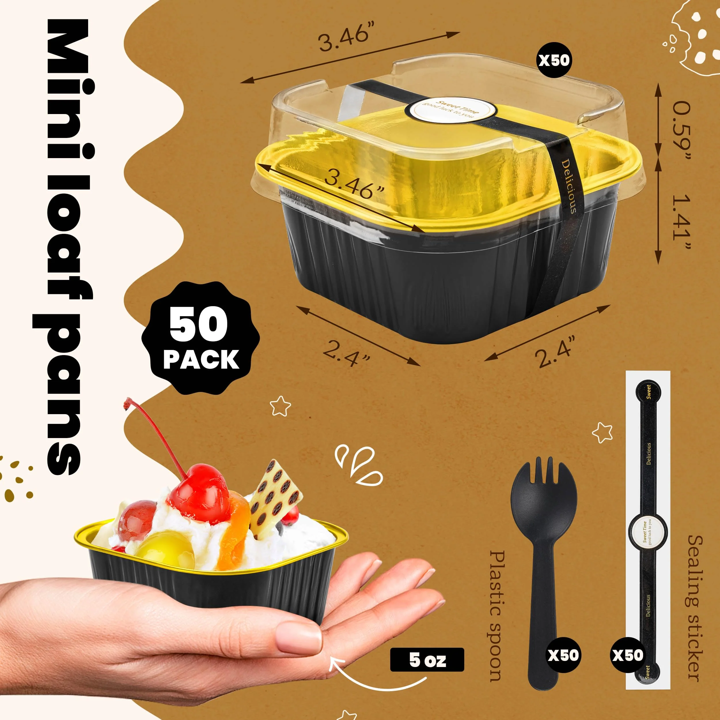 NPLUX 50 Pcs Mini Square Baking Cups with Lids and Spoons Aluminum Foil Mini Cake Pans with Lids Disposable Ramekins Cake Pans Dessert Cups for Wedding Birthday Party(Black Gold,5oz) - Image 6