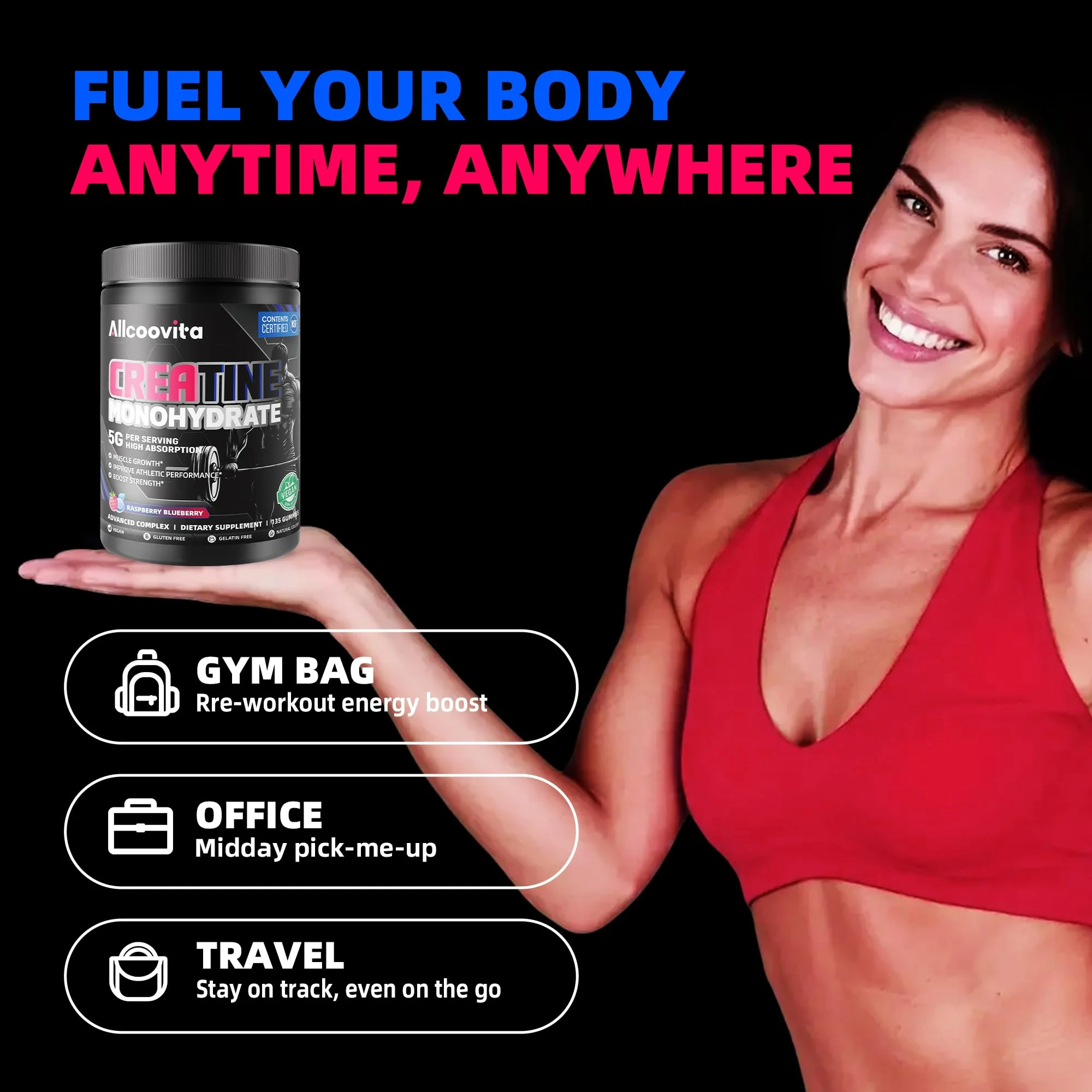 NSF Certified Creatine Gummy 5g - Creatine Monohydrate Gummies for Men & Women. Boost Focus,Strength, and Endurance, Anti-Melting Formula, Vegan, Gluten-Free, Non-GMO,(Raspberry & Blueberry 135 ct) - Image 4