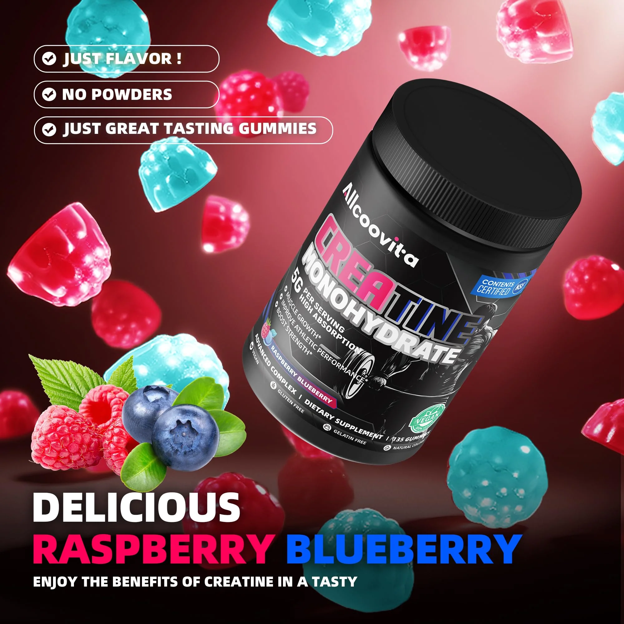 NSF Certified Creatine Gummy 5g - Creatine Monohydrate Gummies for Men & Women. Boost Focus,Strength, and Endurance, Anti-Melting Formula, Vegan, Gluten-Free, Non-GMO,(Raspberry & Blueberry 135 ct) - Image 5