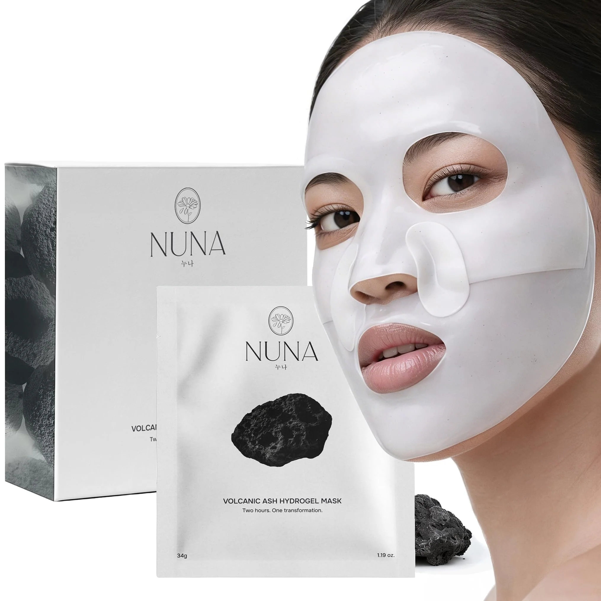 NUNA Volcanic Ash Hydrogel Face Masks with Smile Line Patches – Korean Glass Skin Detox & Deep Hydrating Jelly Mask with Hyaluronic Acid, Ceramides – Overnight Moisturizing + Purifying Care, 7 Sheets