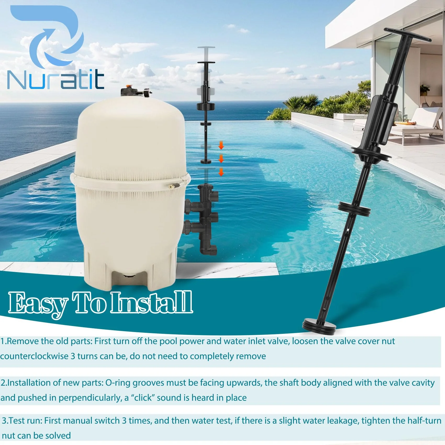 NURATIT 263055 Piston Shaft Assembly Replacement Kit, Compatible with Pentair PVC Slide Pool, FNS Plus Pool Backwash Valve and Spa Valve, Replace Model 263064, 263052, 263053, 263078, and 263079 - Image 6
