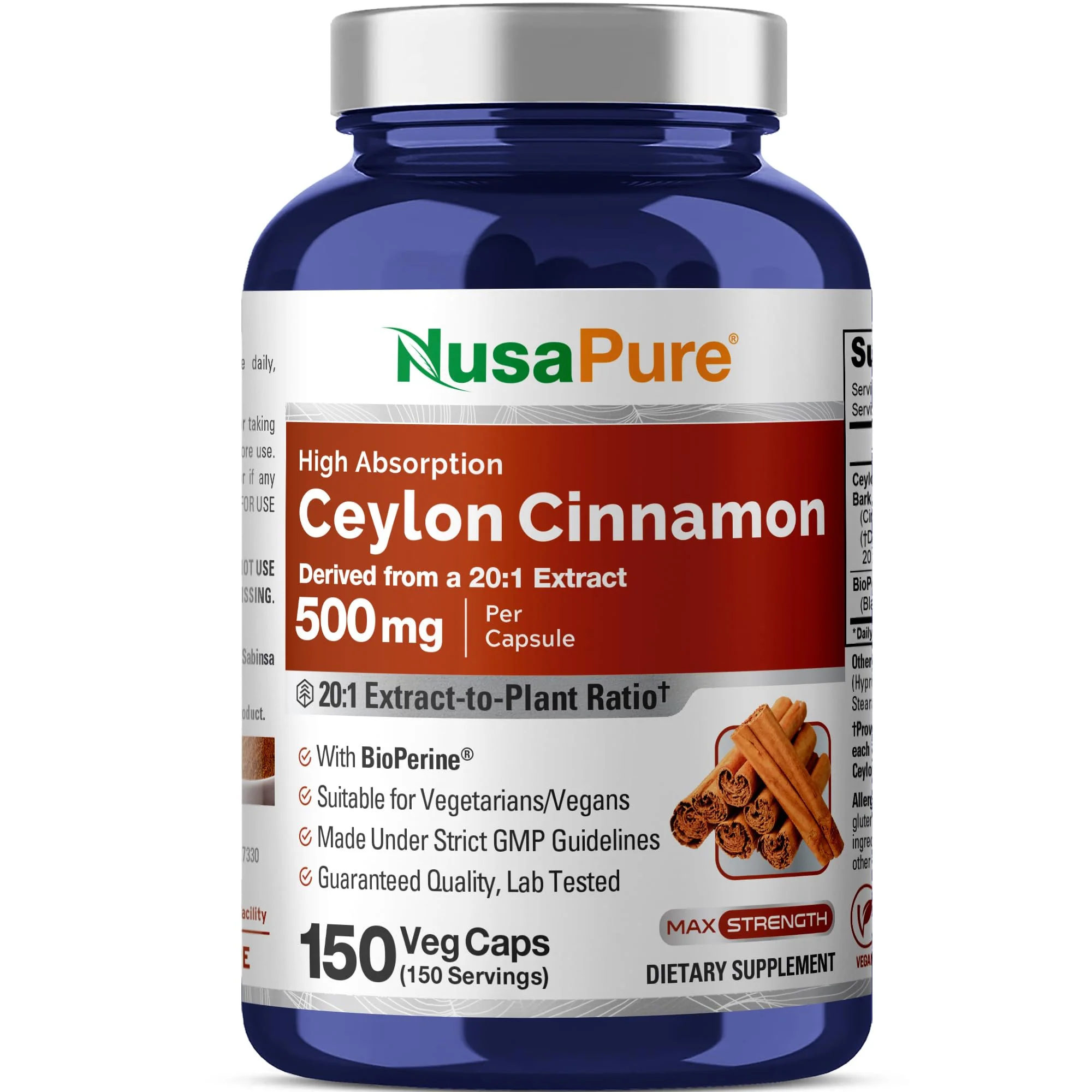 NusaPure Ceylon Cinnamon, 500 mg, 150 Veg Capsules (Non-GMO, Vegan) - Image 2