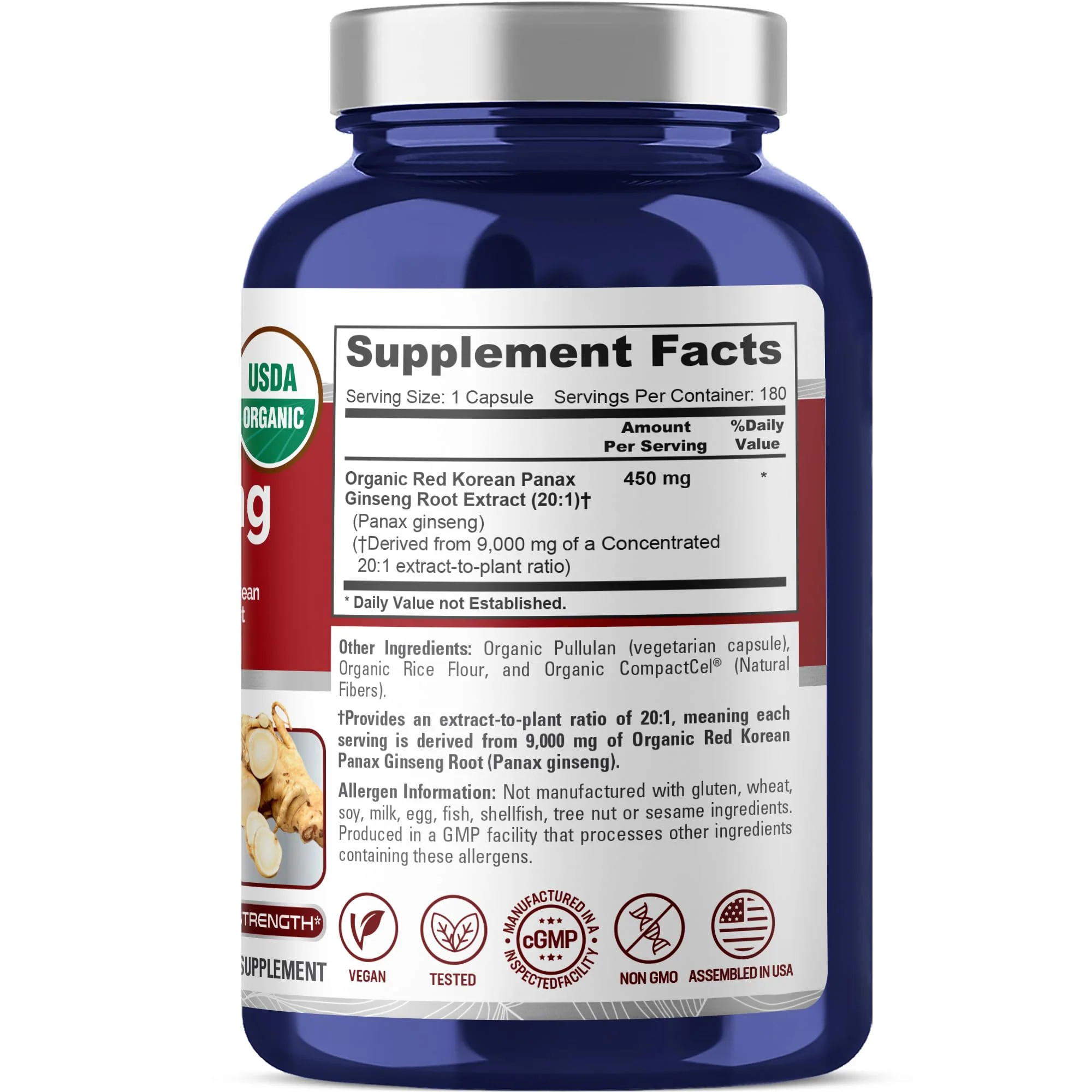 NusaPure Red Korean Panax Ginseng Capsules, 450 mg, 180 Veg Capsules (Non-GMO, USDA, Vegan) - Image 2