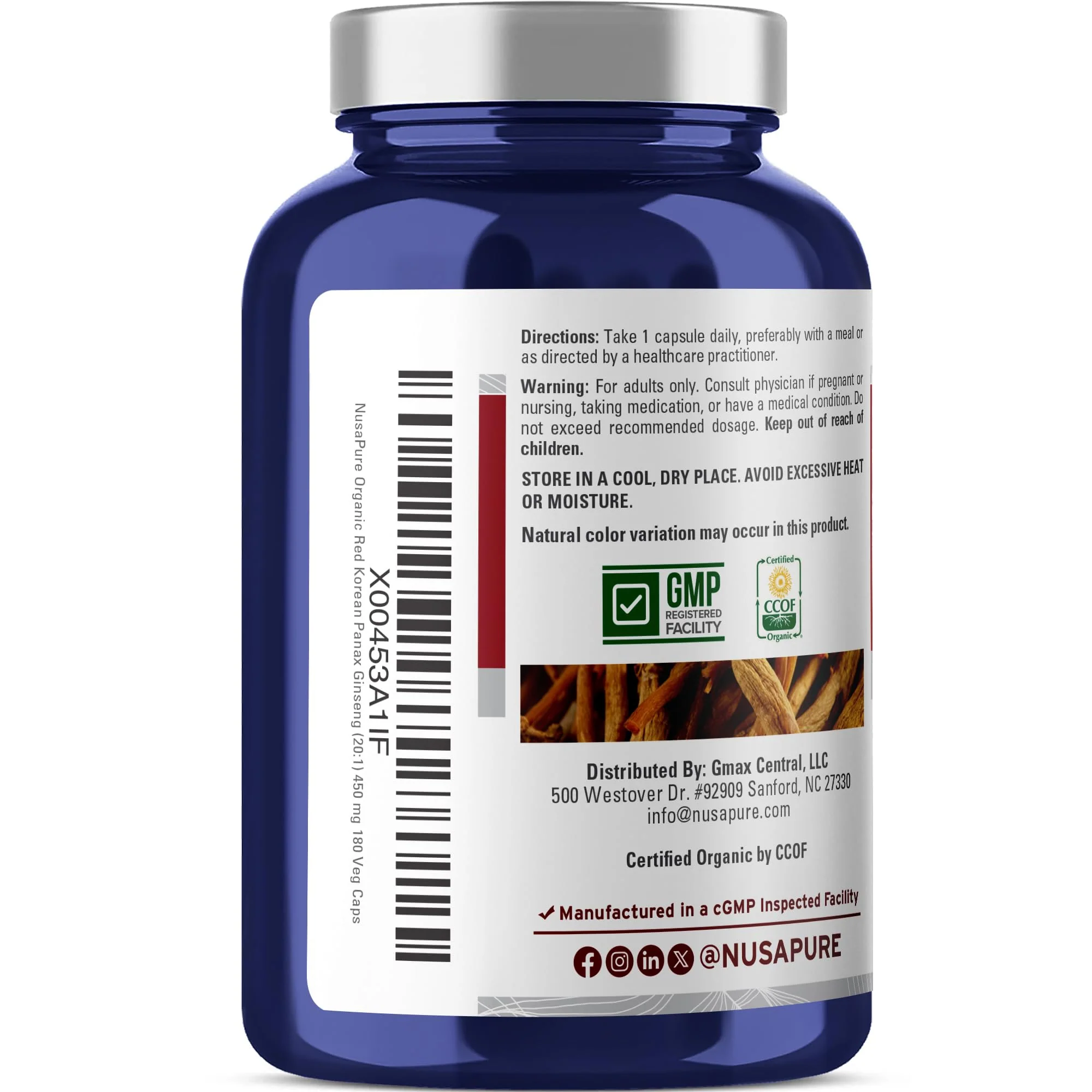 NusaPure Red Korean Panax Ginseng Capsules, 450 mg, 180 Veg Capsules (Non-GMO, USDA, Vegan) - Image 3