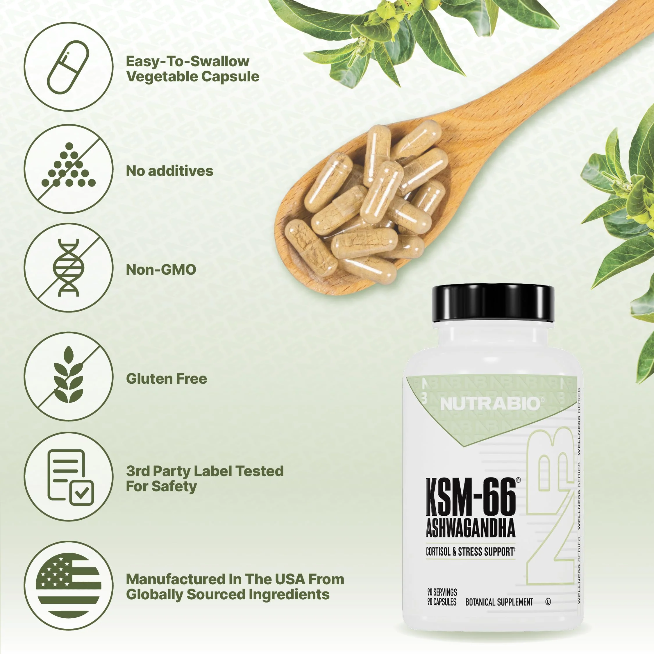 NutraBio Ashwagandha KSM-66 | Ashwaganda Herbal Supplement for Stress, Mood, & Performance | 600 MG of Clinically Studied KSM66 90 Capsules - Image 3