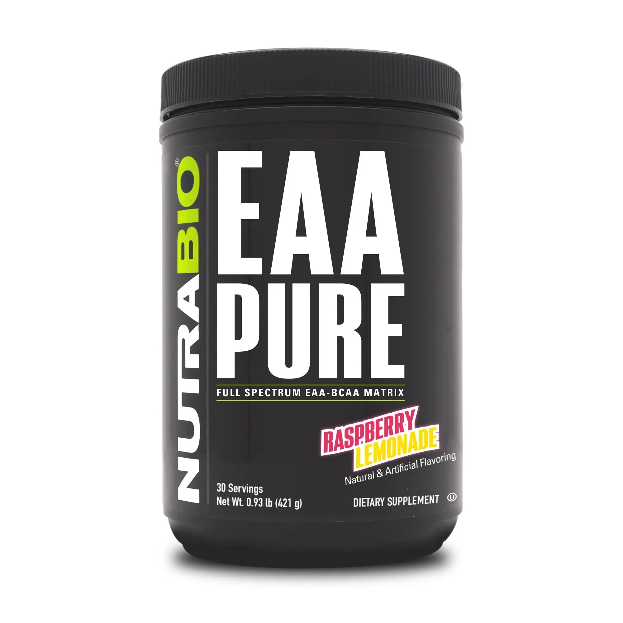 NutraBio – EAA Pure – 9 Amino Acids – Muscle Repair and Recovery, 30 Servings, Raspberry Lemonade – Pre or Post Workout – All Day Recovery
