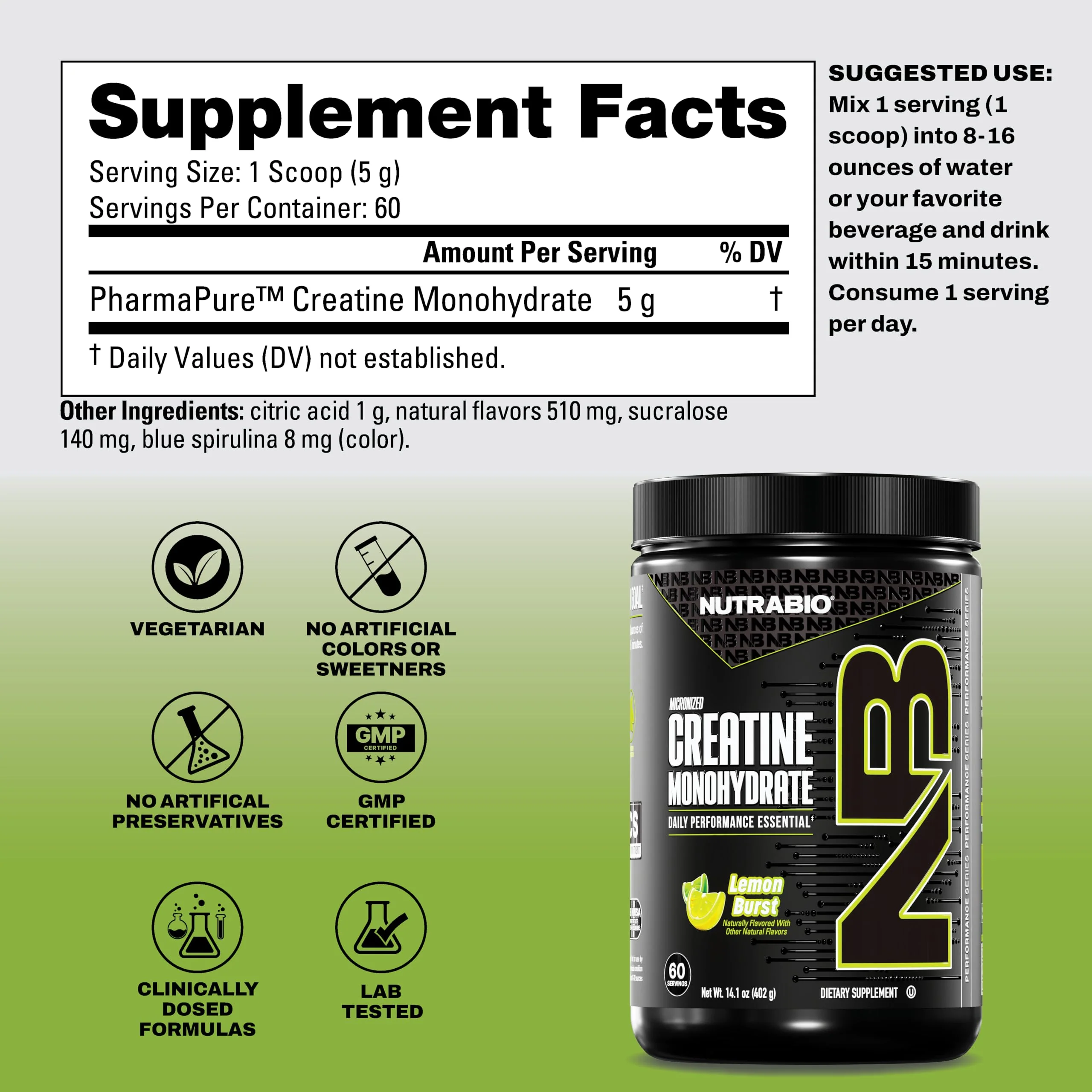 NutraBio Pure Micronized Creatine Monohydrate Powder Supplement, Lemon Burst, (300 g) - Supports Bulk Muscle Energy, Recovery, and Strength - HPLC Tested Creatine Powder Supplement for Men and Women - Image 2