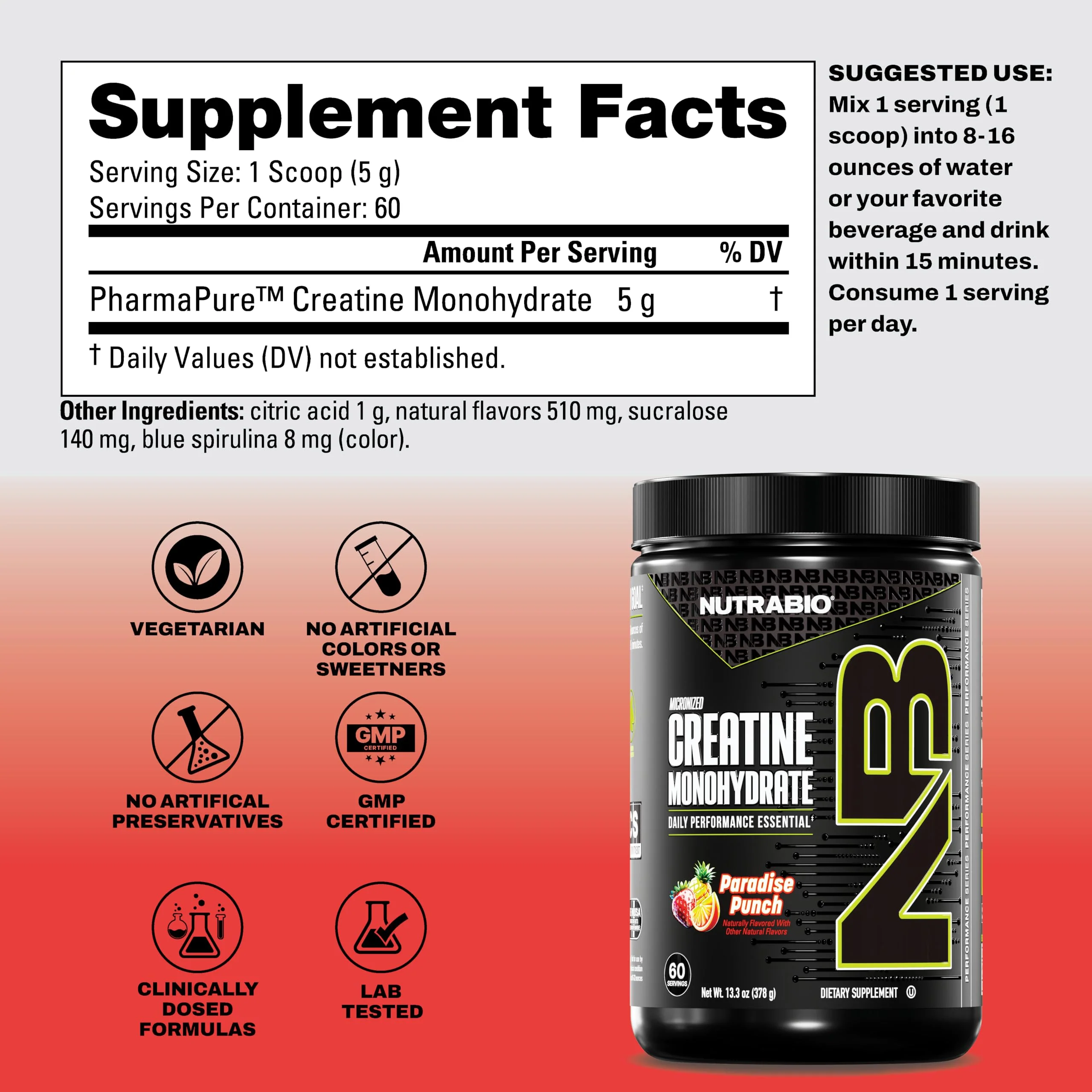 NutraBio Pure Micronized Creatine Monohydrate Powder Supplement,Paradise Punch,(300g)-Supports Bulk Muscle Energy, Recovery, and Strength-HPLC Tested Creatine Powder Supplement for Men and Women - Image 2