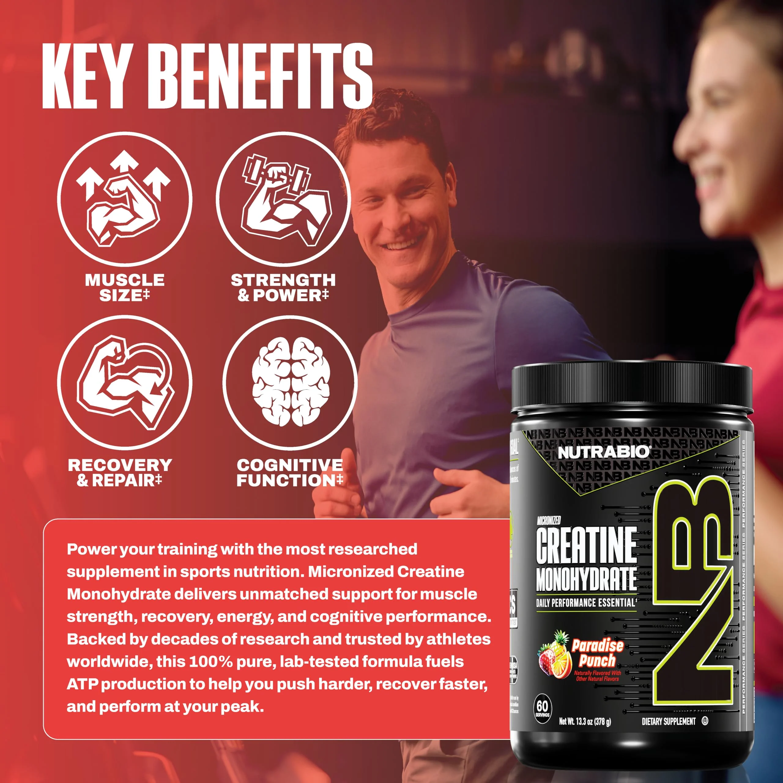 NutraBio Pure Micronized Creatine Monohydrate Powder Supplement,Paradise Punch,(300g)-Supports Bulk Muscle Energy, Recovery, and Strength-HPLC Tested Creatine Powder Supplement for Men and Women - Image 4